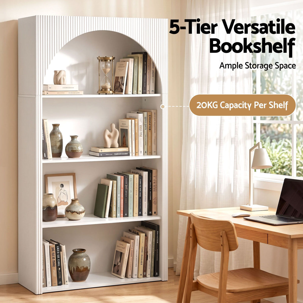 Artiss 4-Tier Arched Bookshelf, White MDF & Birch Wood, 20kg Per Shelf