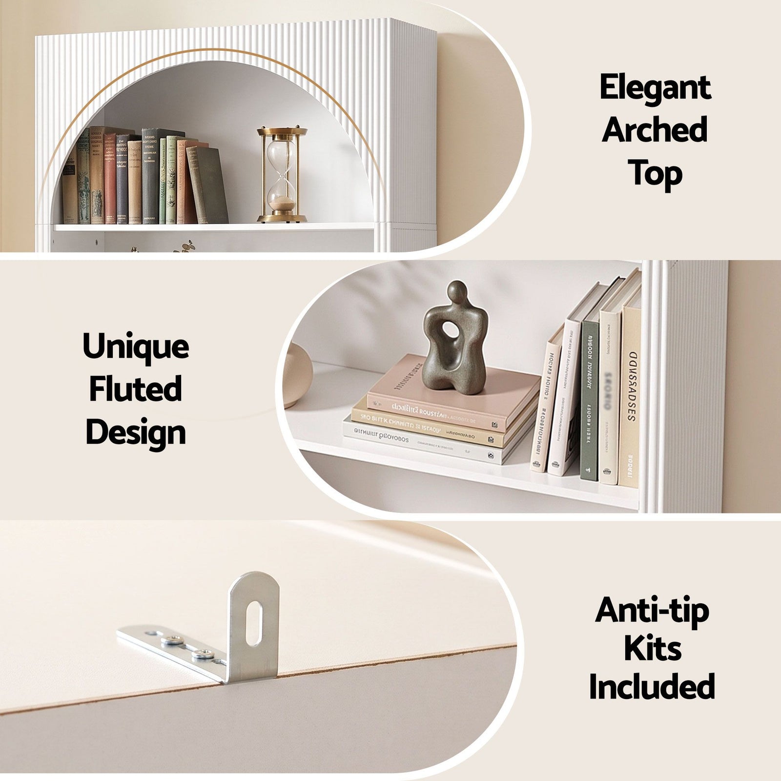 Artiss 4-Tier Arched Bookshelf, White MDF & Birch Wood, 20kg Per Shelf