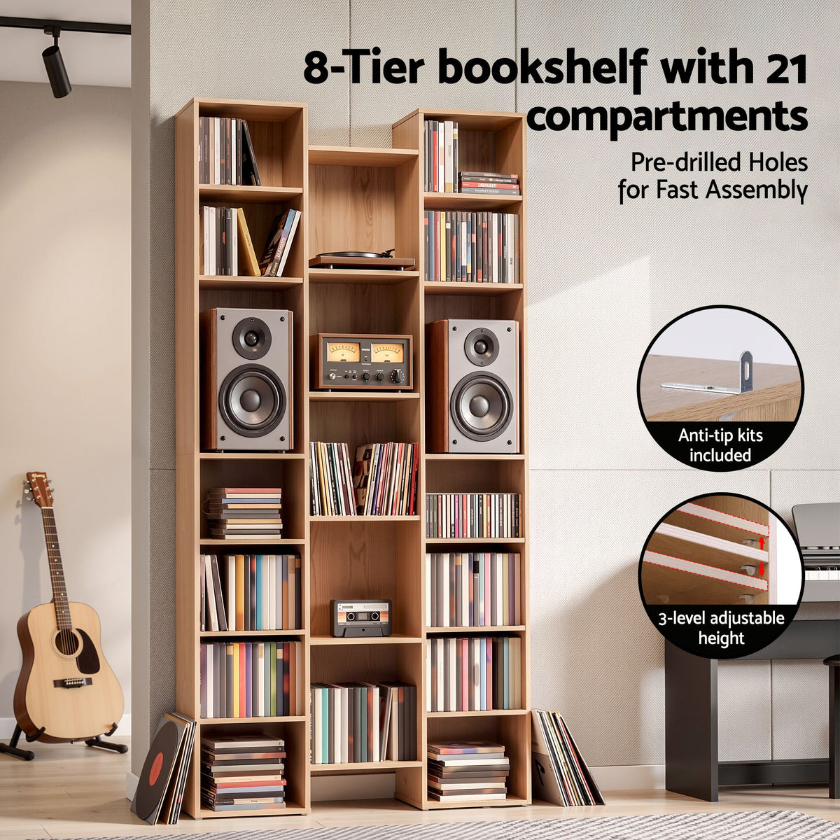 Artiss Bookshelf Display Shelves CD DVD Storage Rack Tall Bookcase Oak