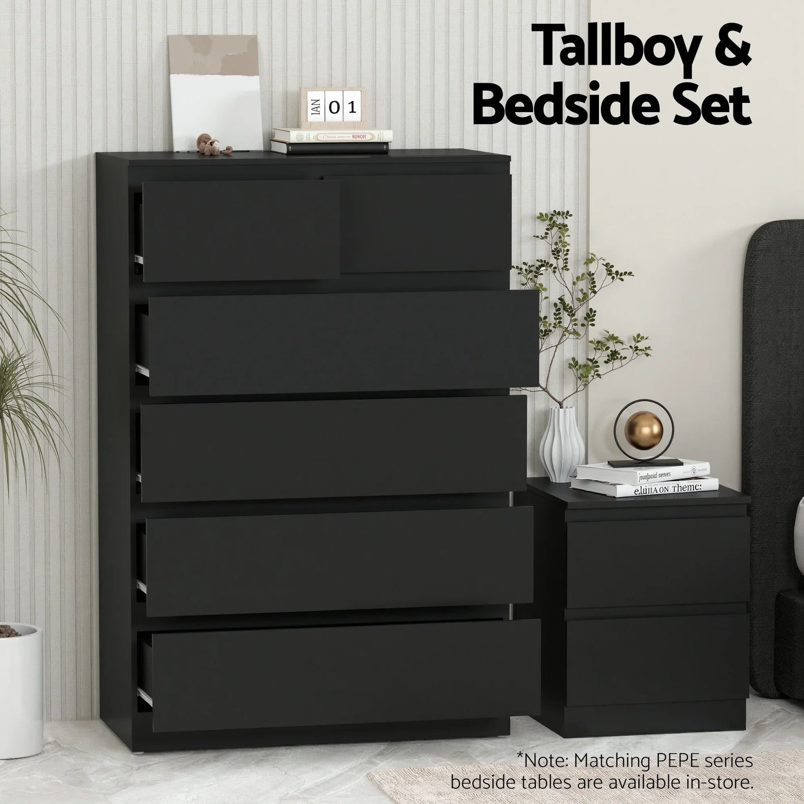 6 Chest of Drawers Tallboy PEPE Black