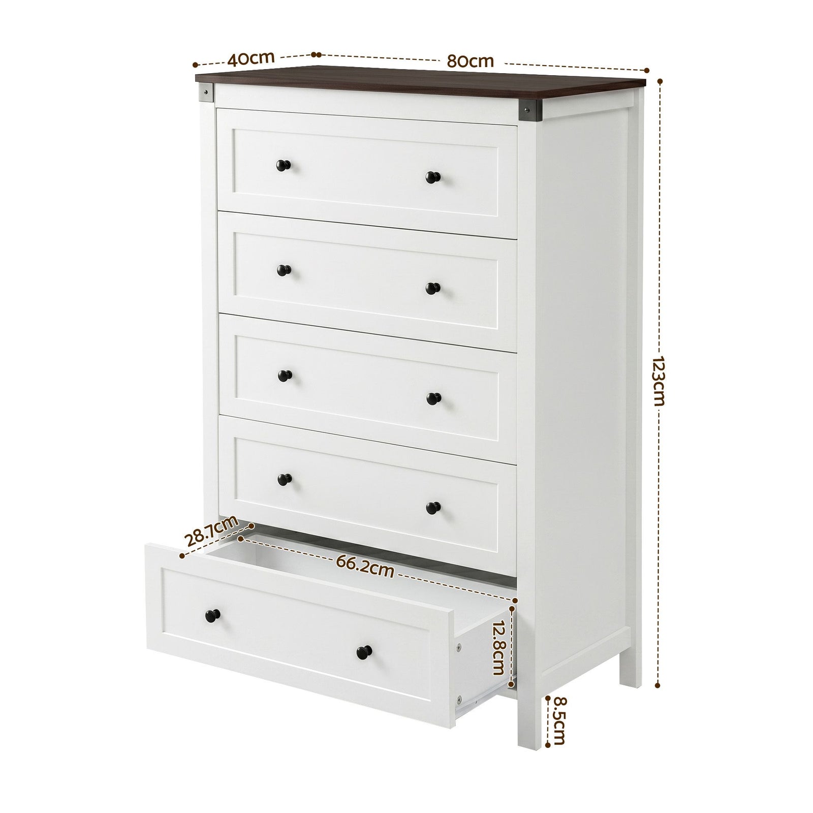 Artiss 5 Drawer Tallboy Chest of Drawers White Walnut Storage Unit 123cm