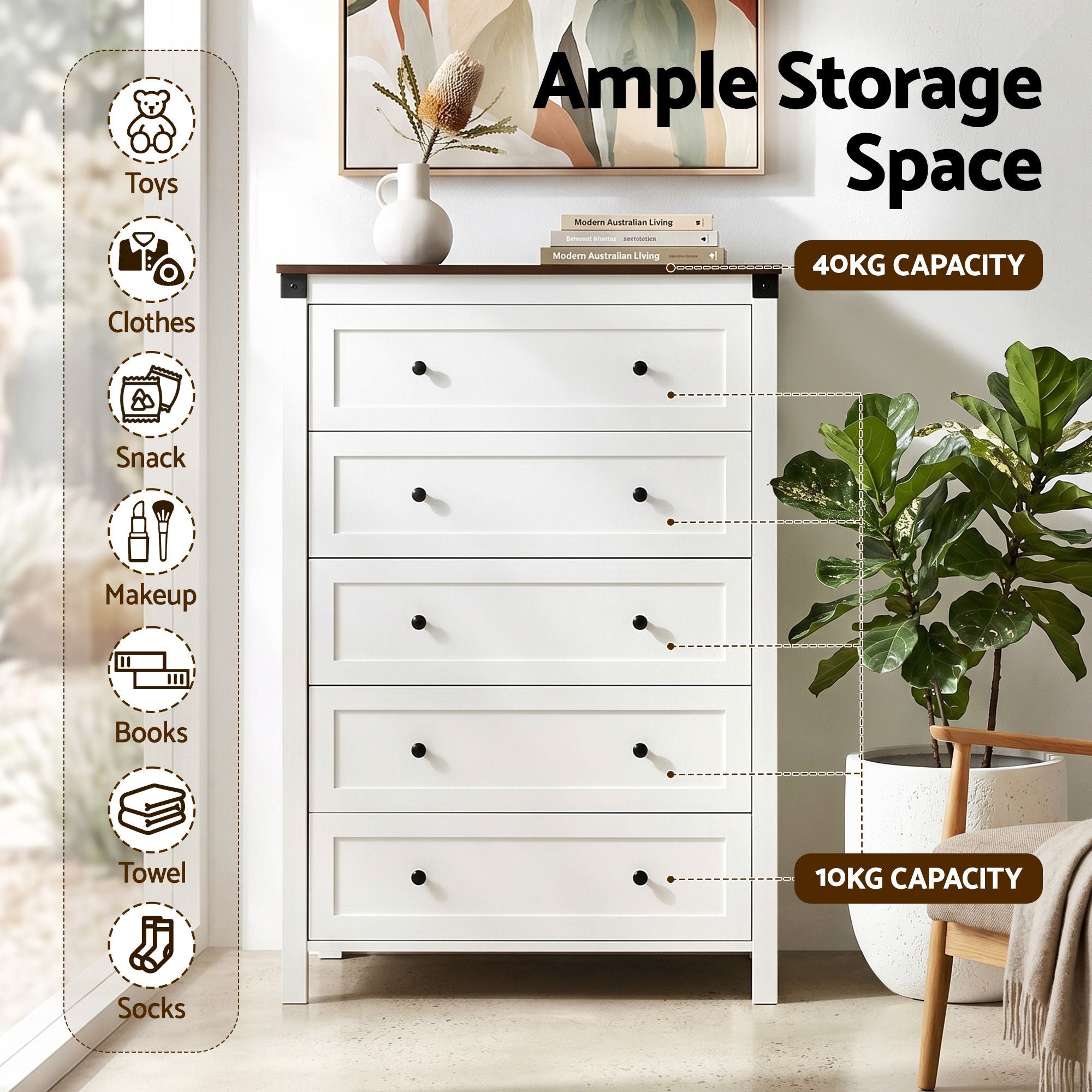 5 Drawer Tallboy Chest of Drawers White Walnut Storage Unit 123cm