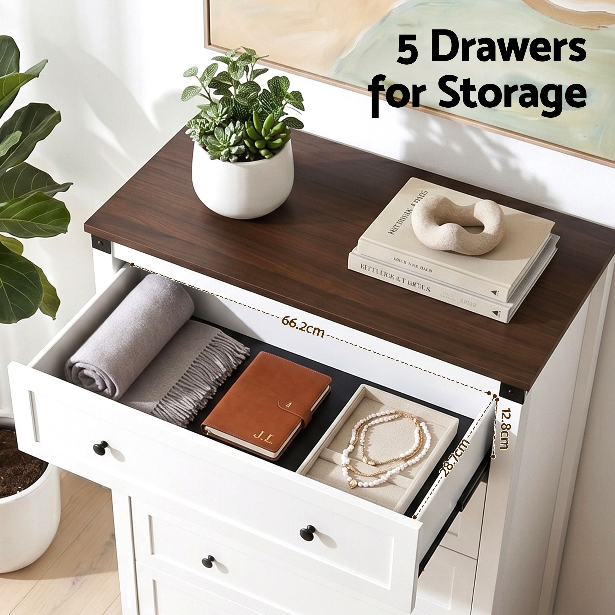 5 Drawer Tallboy Chest of Drawers White Walnut Storage Unit 123cm