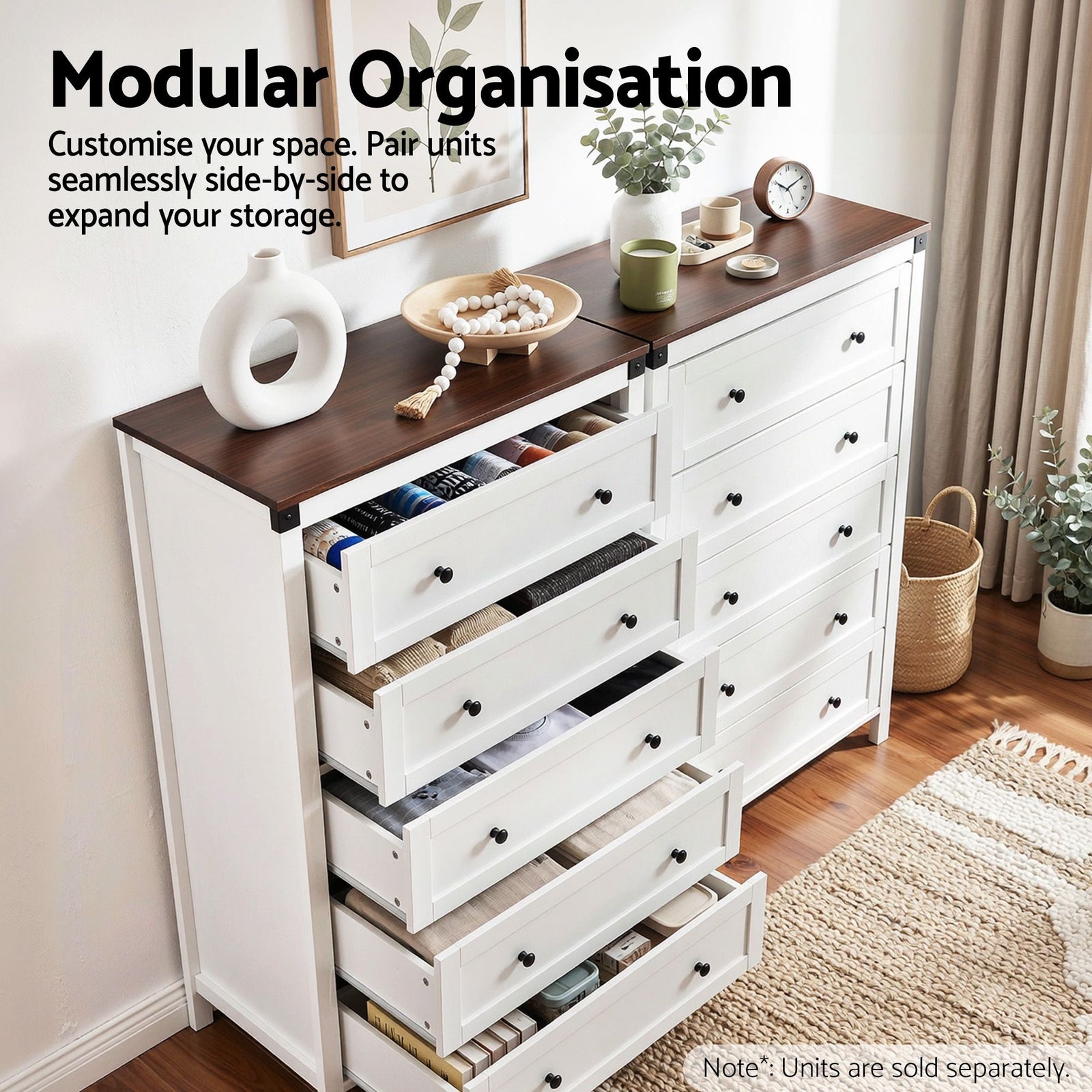 Artiss 5 Drawer Tallboy Chest of Drawers White Walnut Storage Unit 123cm