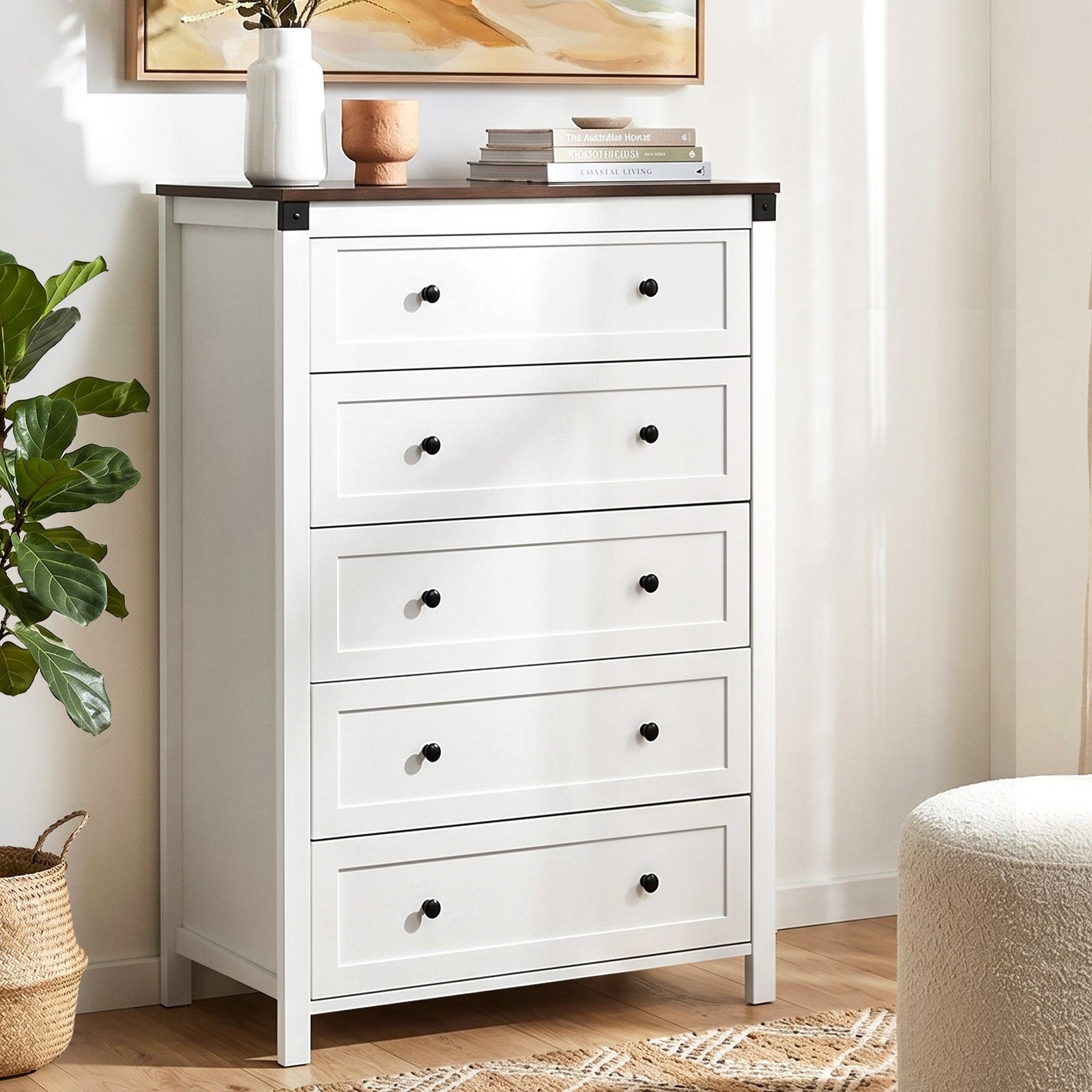 Artiss 5 Drawer Tallboy Chest of Drawers White Walnut Storage Unit 123cm