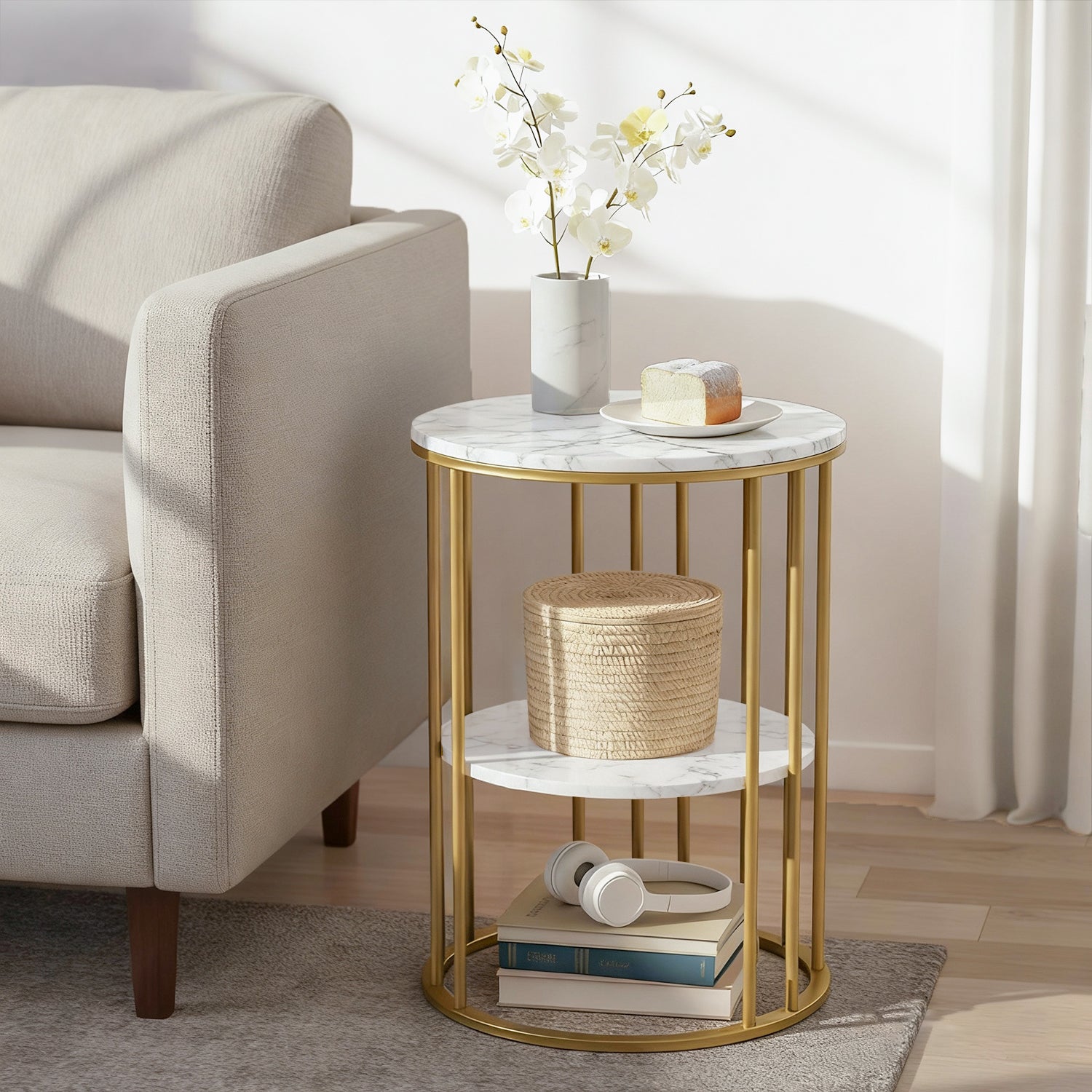 Coffee Table 2-Tier Round Marble Effect White&Gold