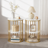 Artiss Side Table Set of 2 Marble Effect Round Coffee Table 2 Tier End Bedside Table Nightstand White&Gold