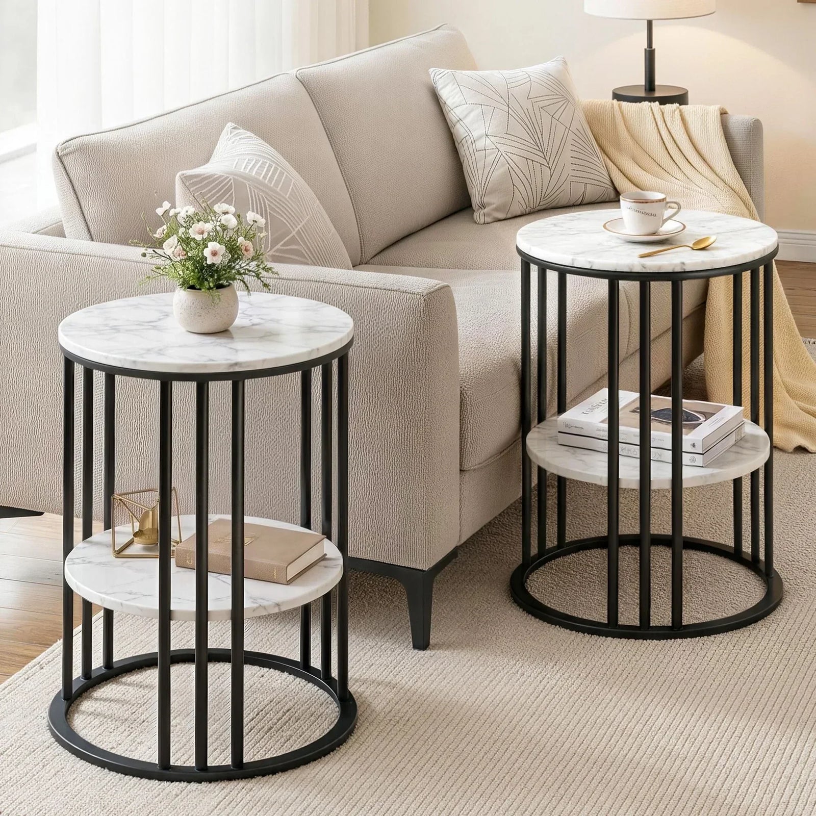 Artiss Set of 2 Side Tables – Marble Look, 2‑Tier Storage, Metal Frame, 40×54cm