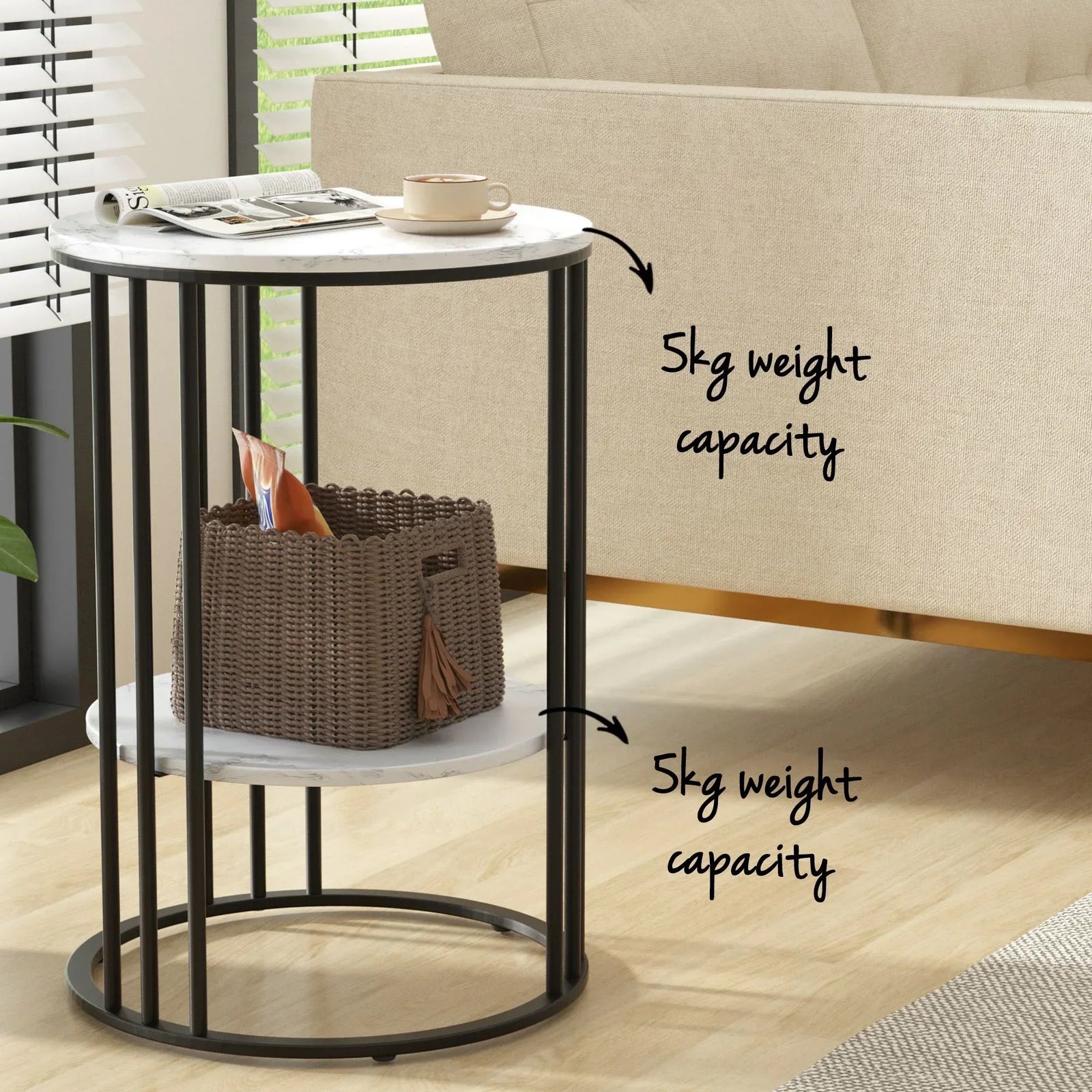 Artiss Set of 2 Side Tables – Marble Look, 2‑Tier Storage, Metal Frame, 40×54cm