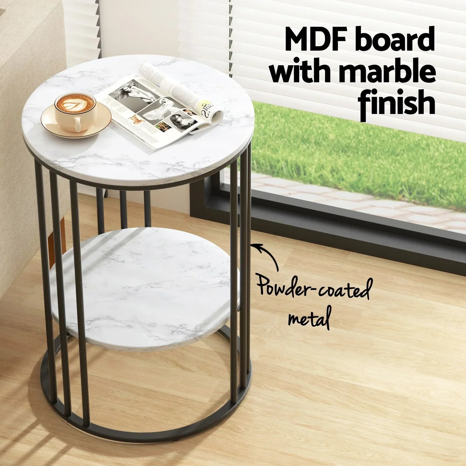 Artiss Set of 2 Side Tables – Marble Look, 2‑Tier Storage, Metal Frame, 40×54cm