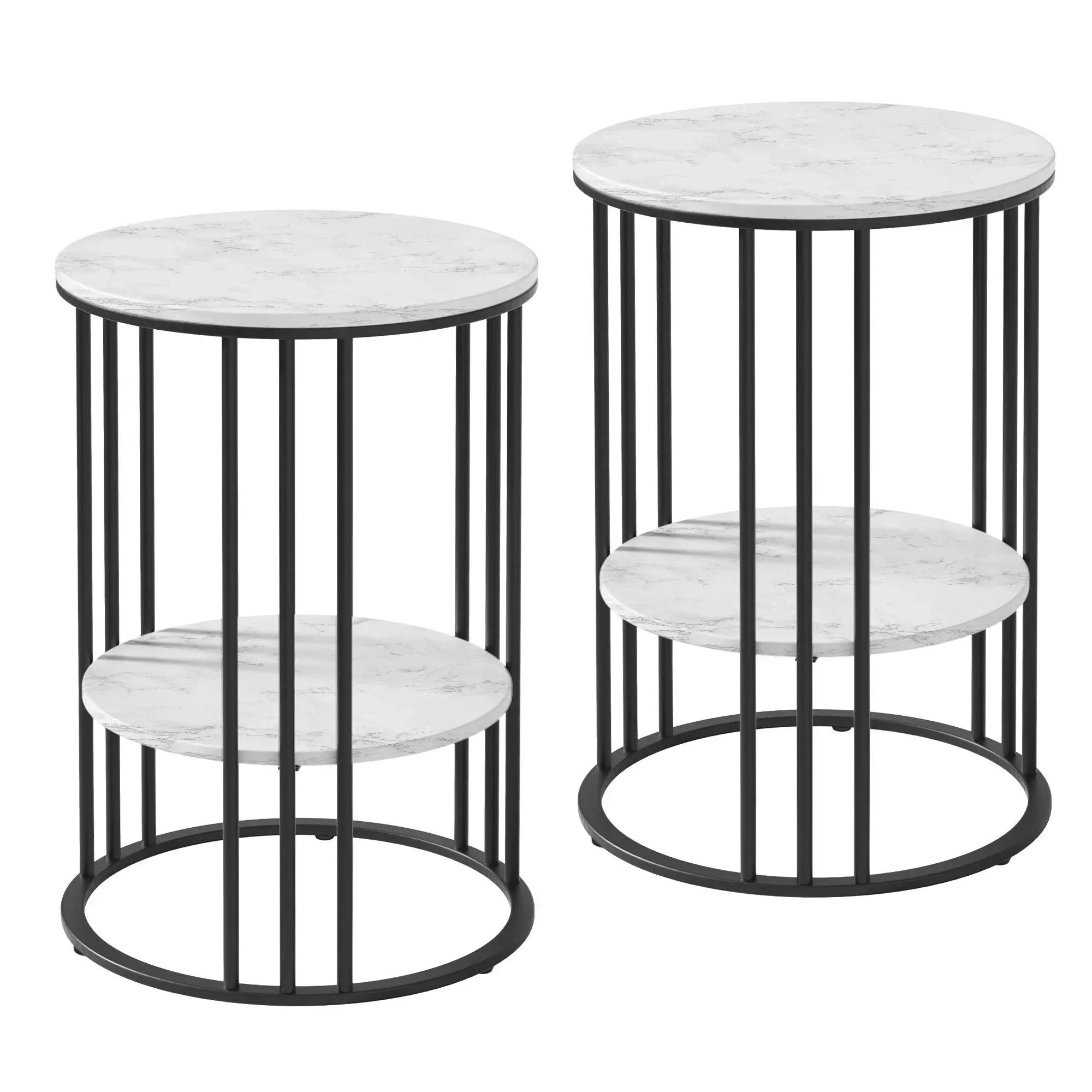 Set of 2 Side Tables – Marble Look, 2‑Tier Storage, Metal Frame, 40×54cm