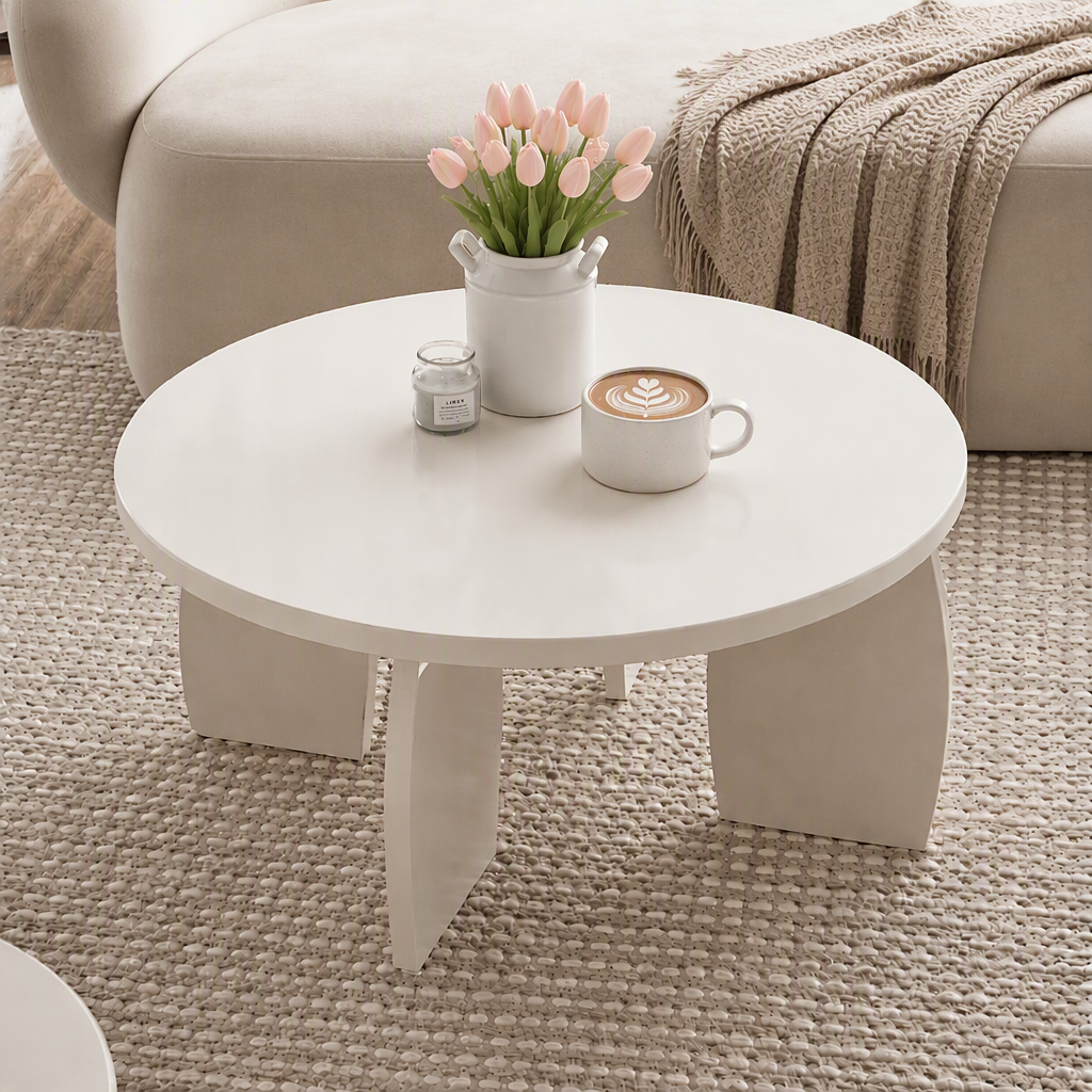 Round Coffee Table High-Gloss Center Table 78x35cm Cream White Minimal