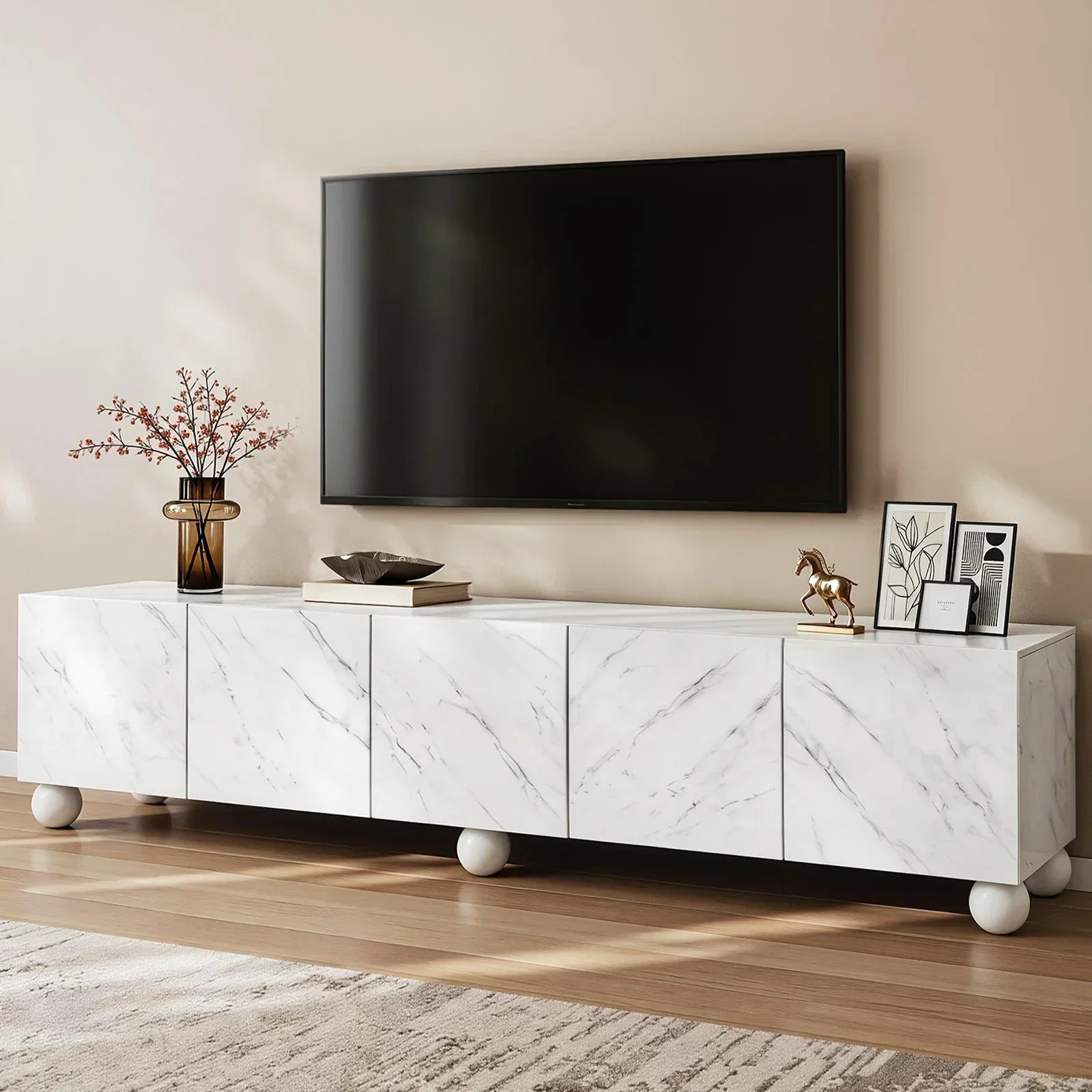 200cm TV Unit – Marble Effect, Soft‑Close Cabinets, Rubber Wood Legs, White
