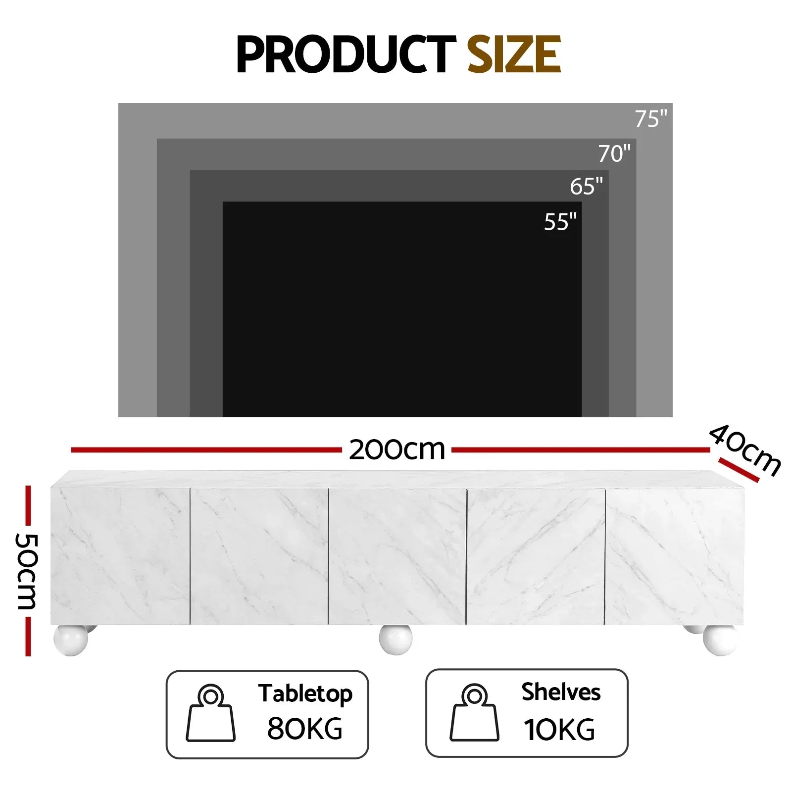 200cm TV Unit – Marble Effect, Soft‑Close Cabinets, Rubber Wood Legs, White