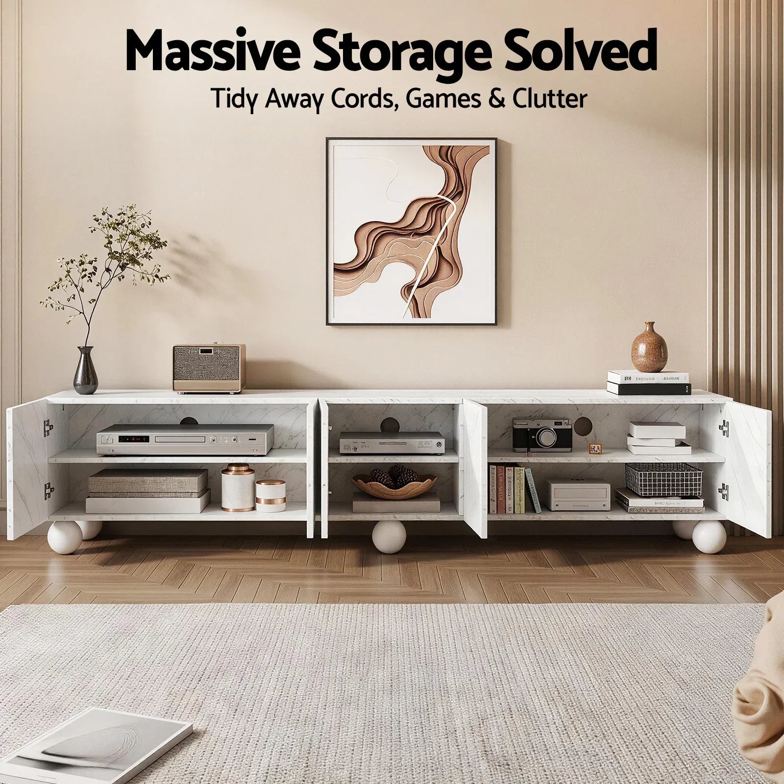 200cm TV Unit – Marble Effect, Soft‑Close Cabinets, Rubber Wood Legs, White