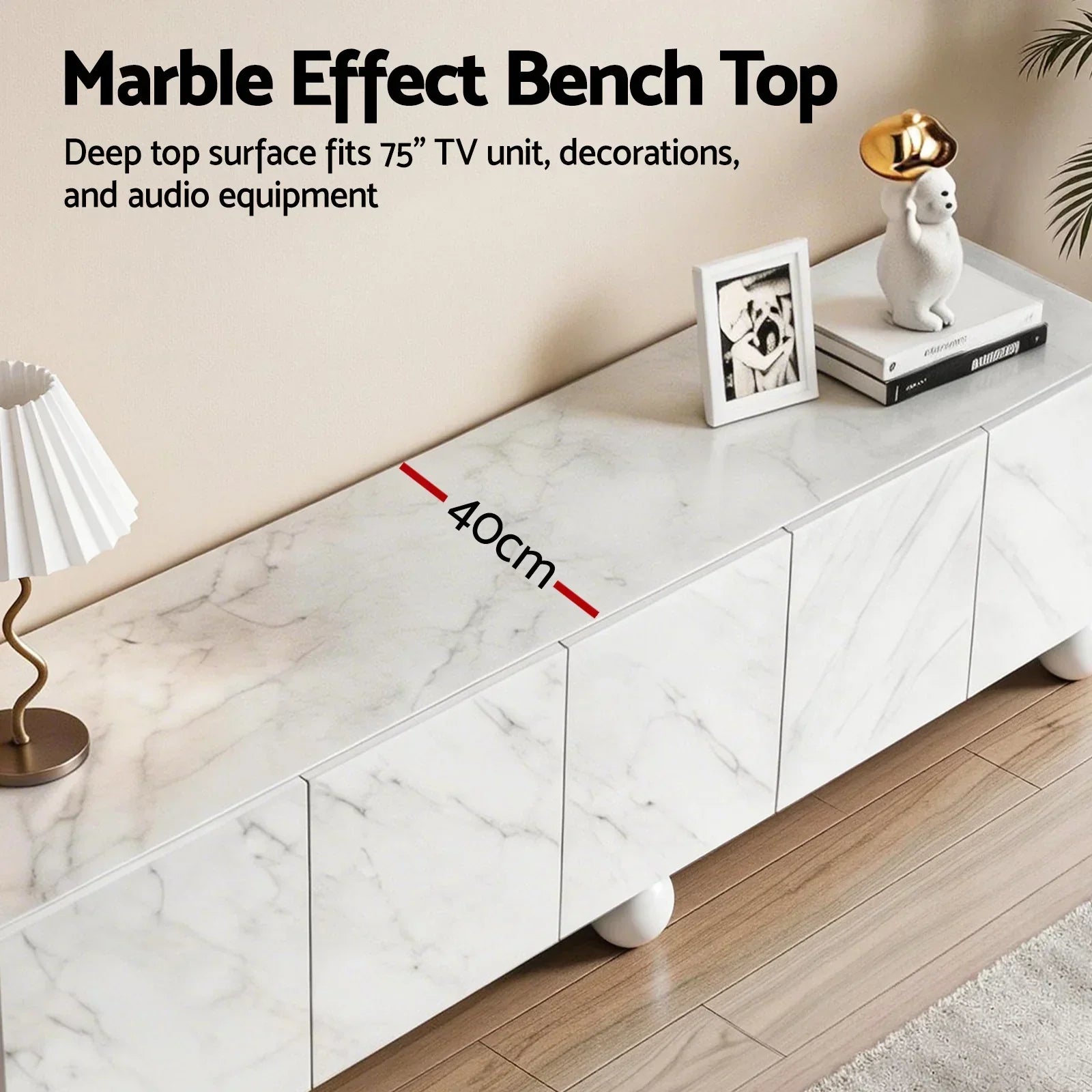 200cm TV Unit – Marble Effect, Soft‑Close Cabinets, Rubber Wood Legs, White