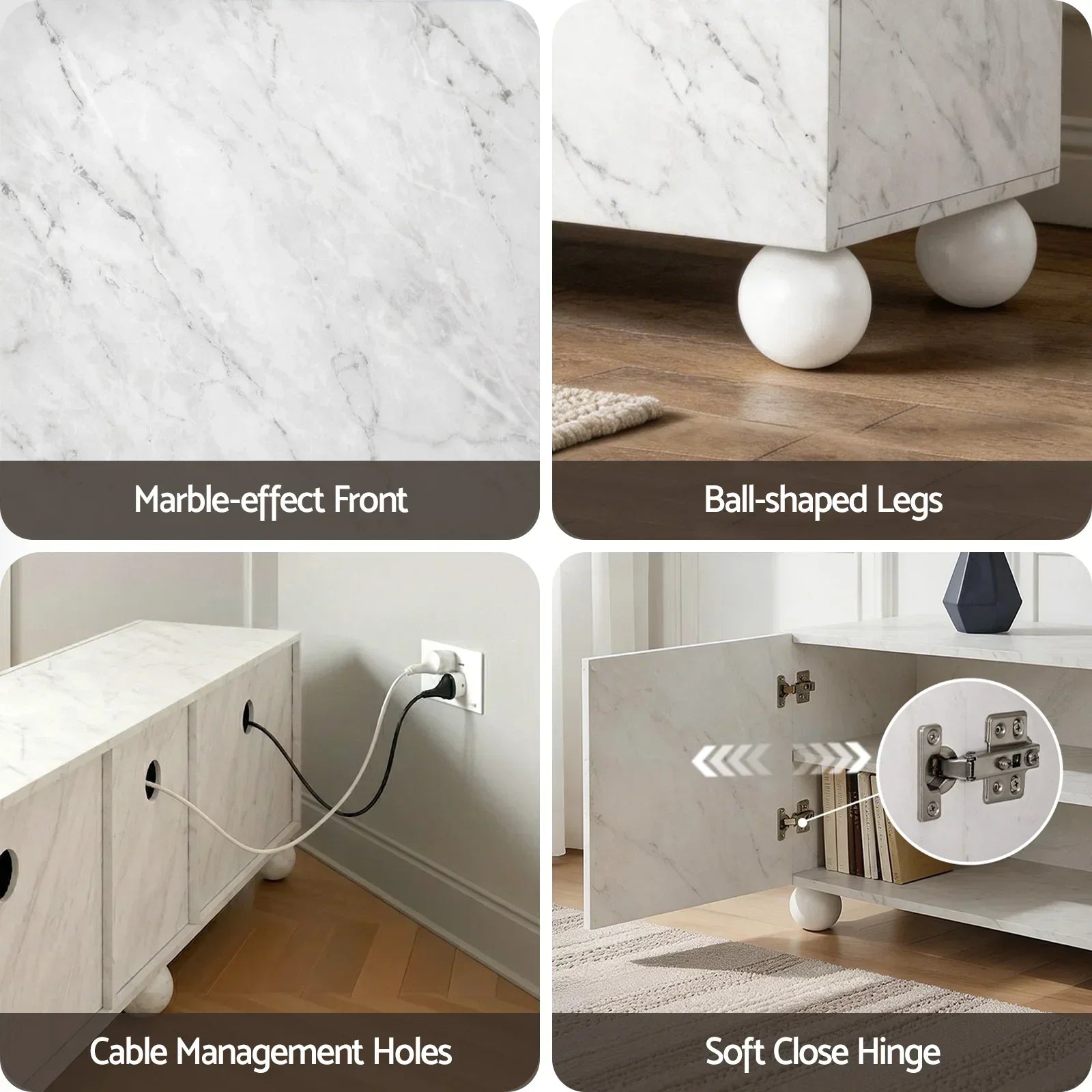 200cm TV Unit – Marble Effect, Soft‑Close Cabinets, Rubber Wood Legs, White