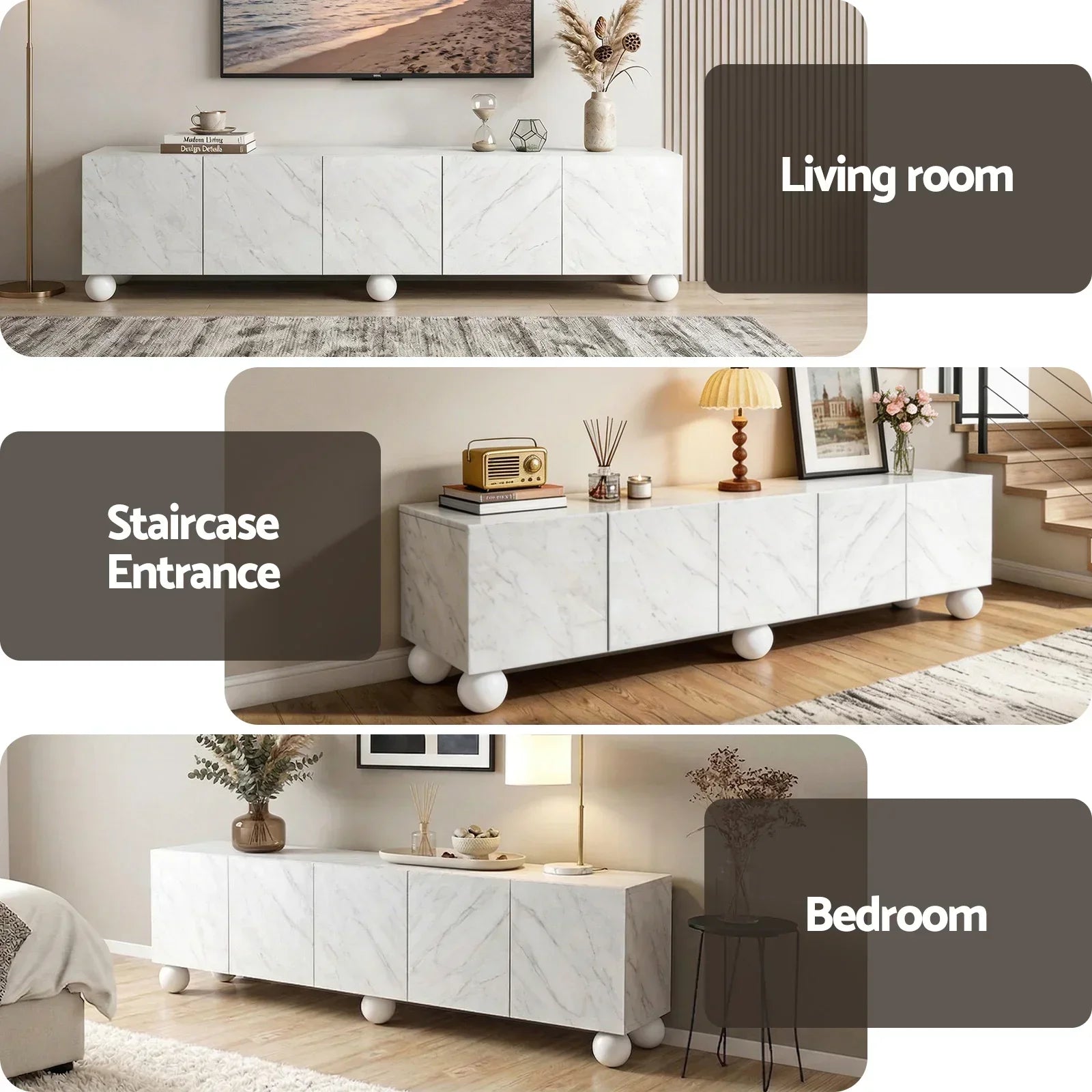200cm TV Unit – Marble Effect, Soft‑Close Cabinets, Rubber Wood Legs, White