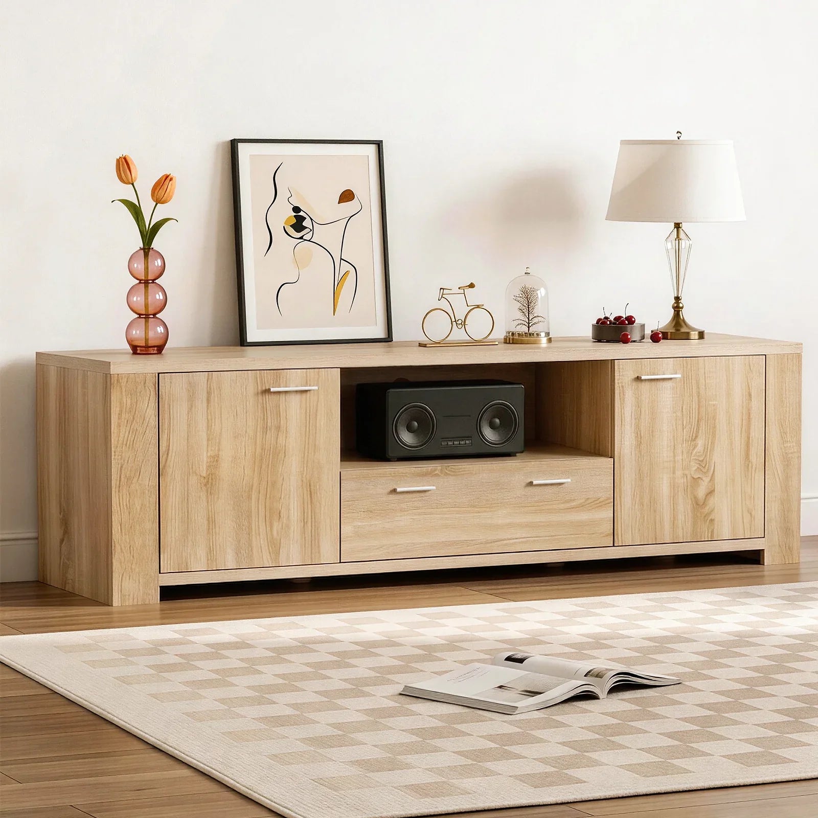 180cm TV Unit Entertainment Unit Storage Drawer Cabinet Pine