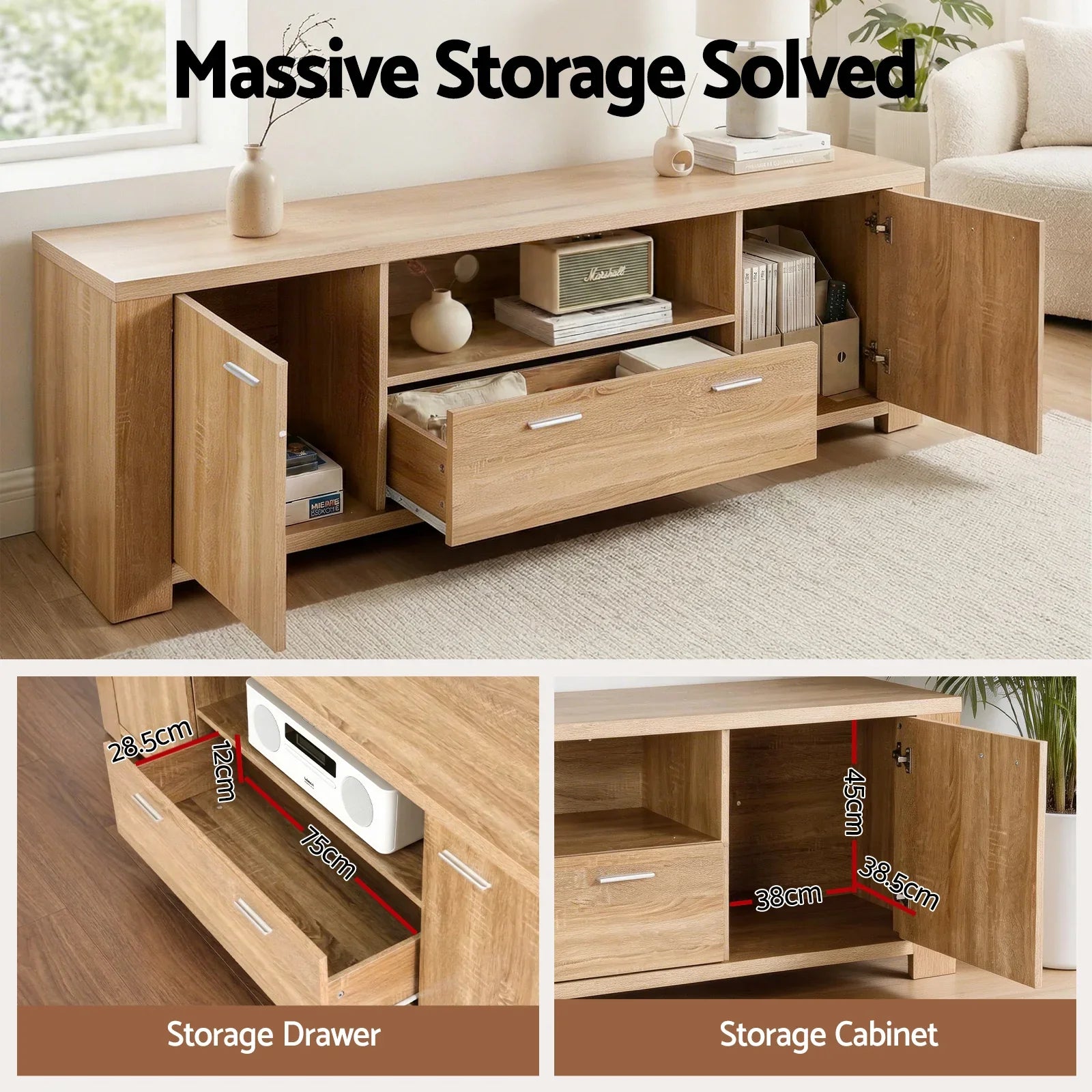 180cm TV Unit Entertainment Unit Storage Drawer Cabinet Pine