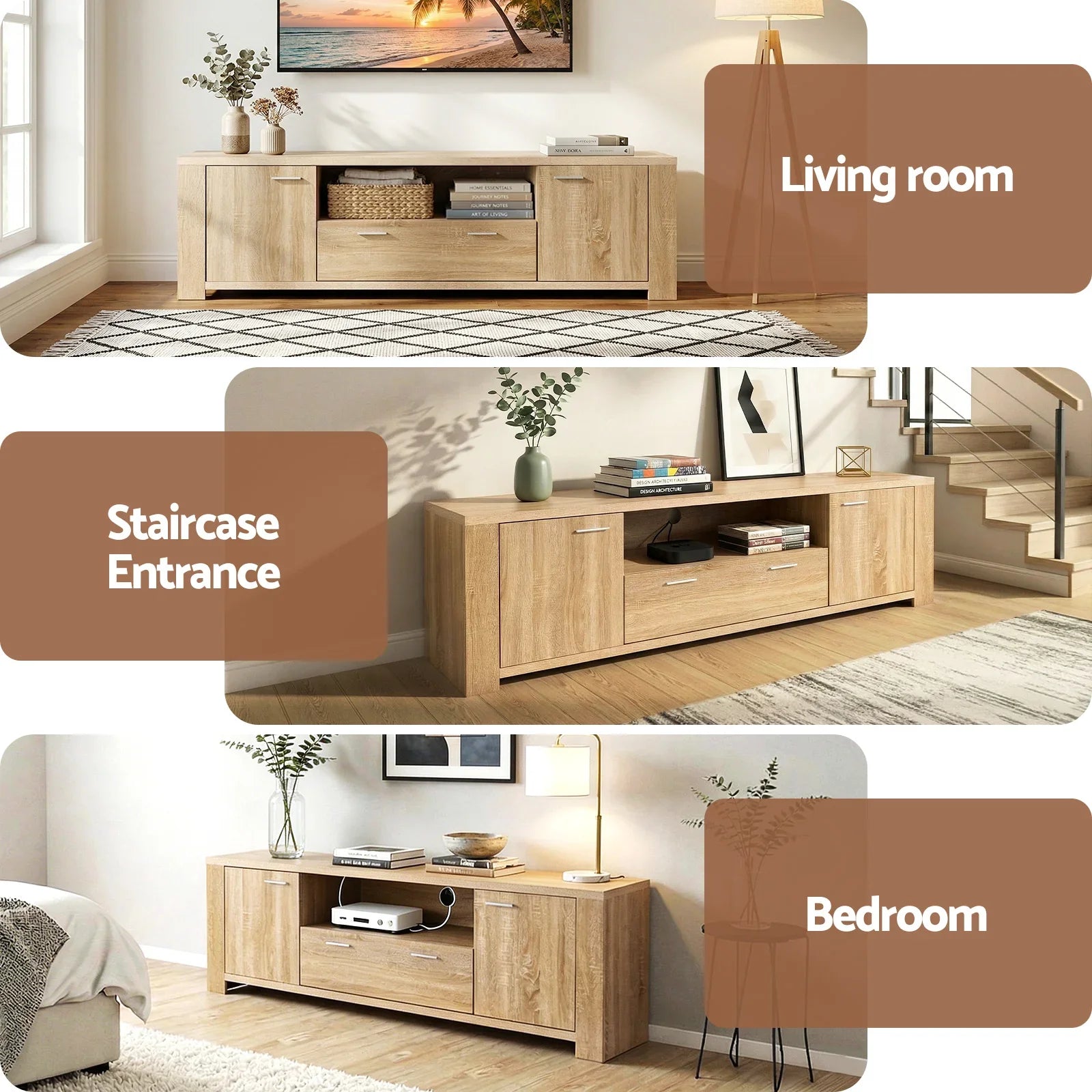 180cm TV Unit Entertainment Unit Storage Drawer Cabinet Pine
