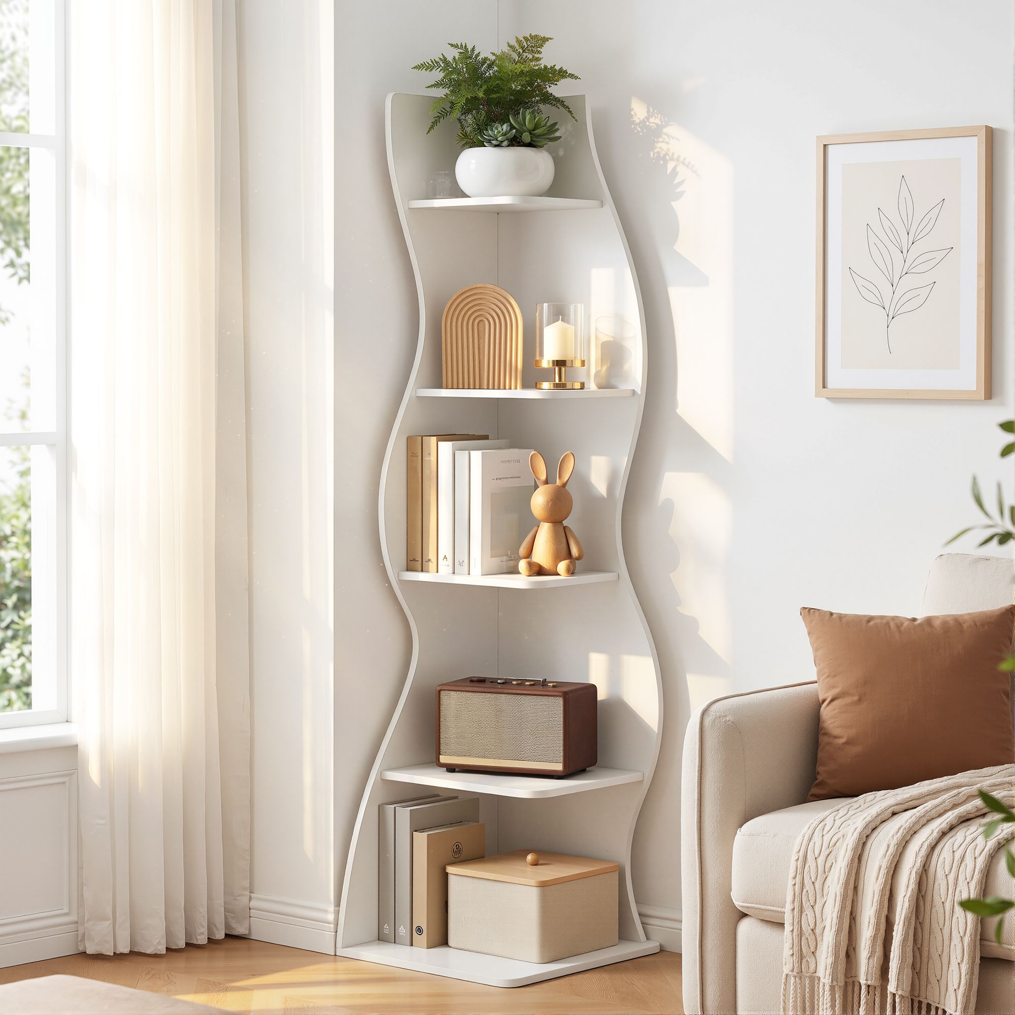 5‑Tier Corner Bookshelf – S‑Shaped Display Storage Rack White 178cm
