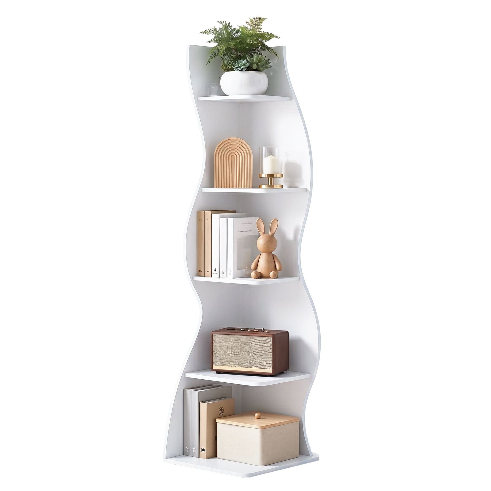 Artiss 5‑Tier Corner Bookshelf – S‑Shaped Display Storage Rack White 178cm