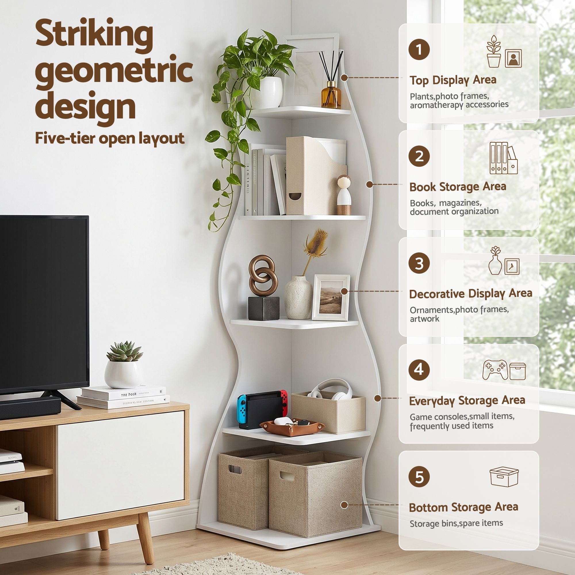 5‑Tier Corner Bookshelf – S‑Shaped Display Storage Rack White 178cm