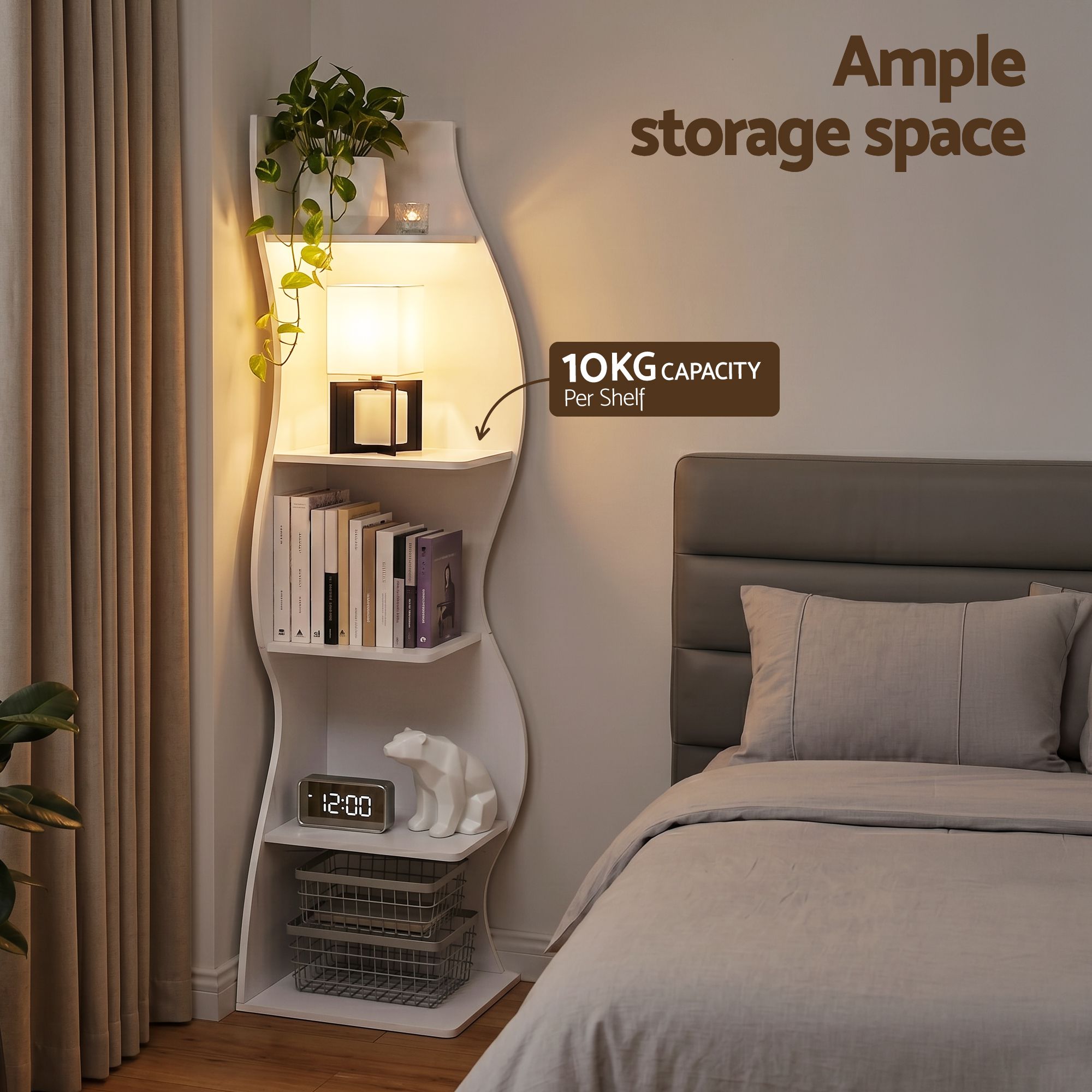 5‑Tier Corner Bookshelf – S‑Shaped Display Storage Rack White 178cm