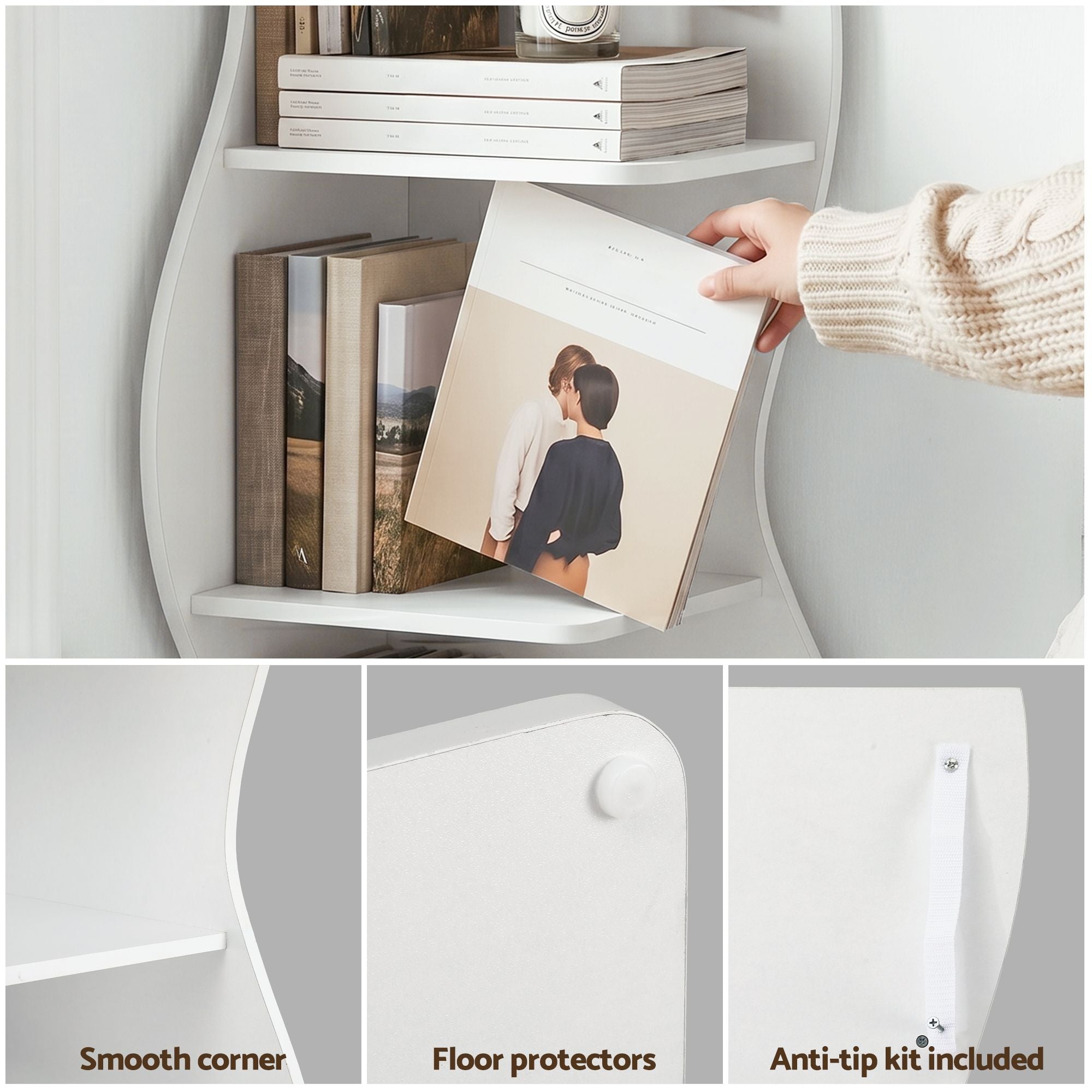 5‑Tier Corner Bookshelf – S‑Shaped Display Storage Rack White 178cm