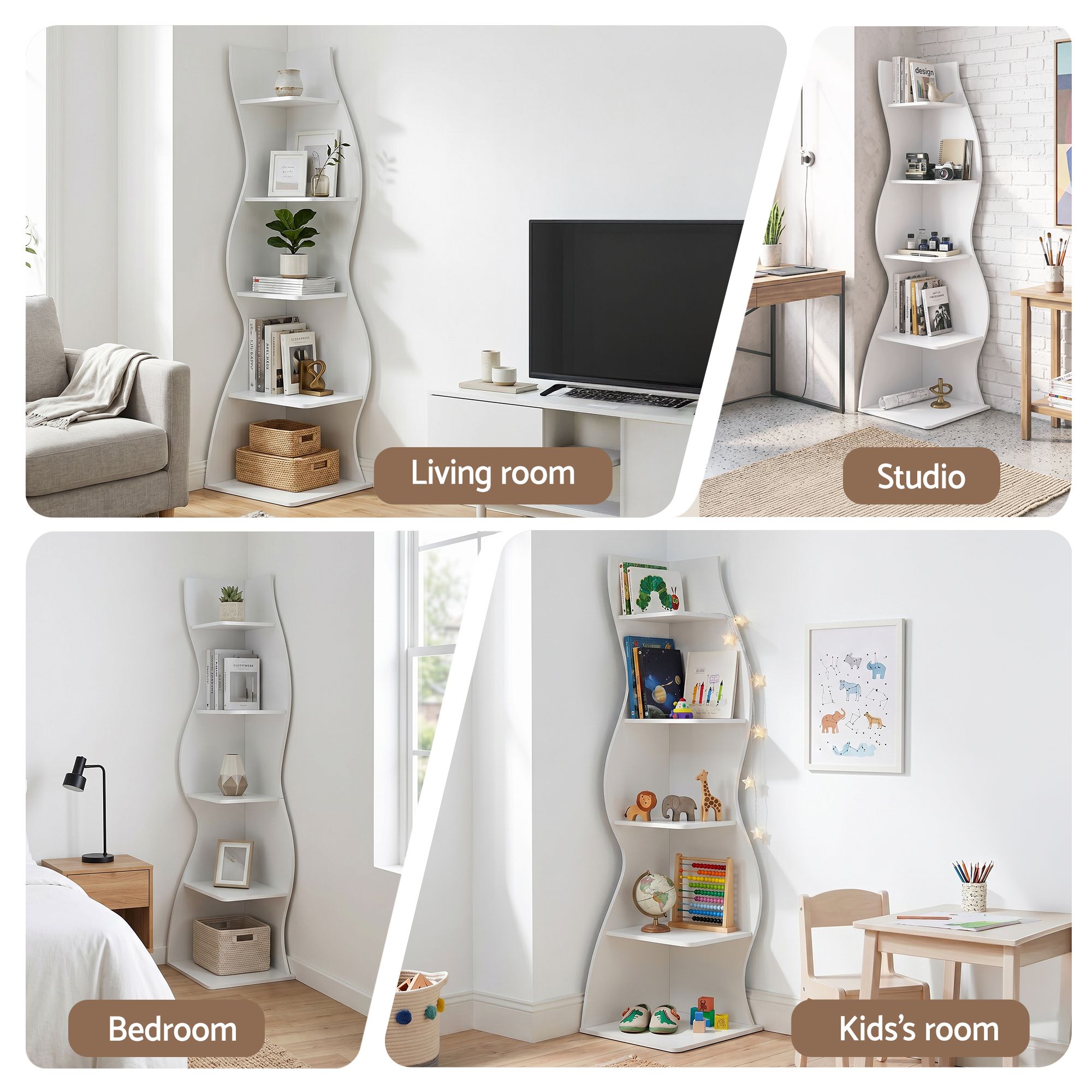 5‑Tier Corner Bookshelf – S‑Shaped Display Storage Rack White 178cm