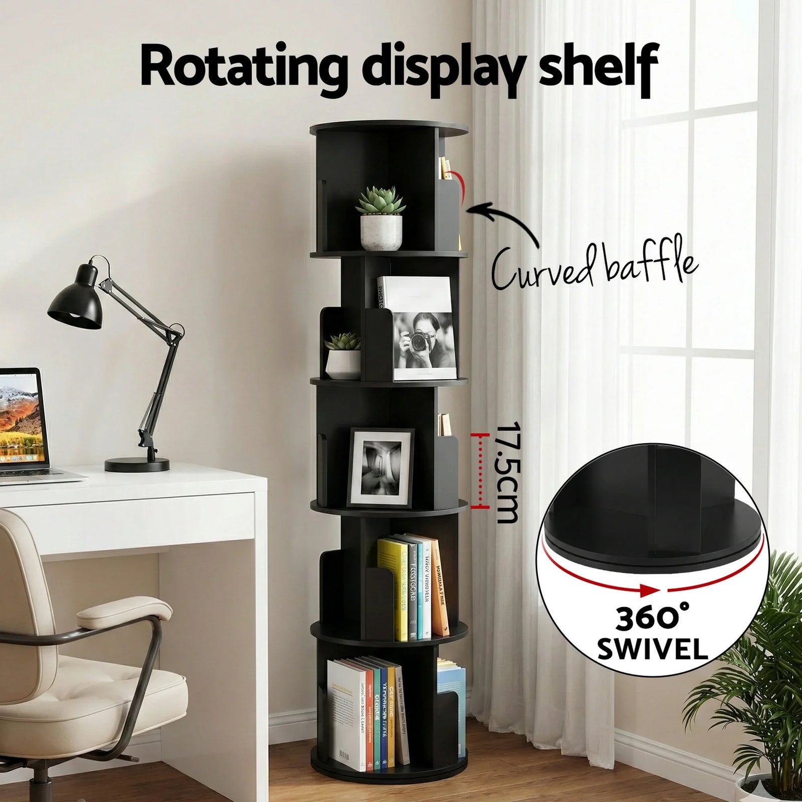 5 Tiers Bookshelf Swivel Bookcase Display Shelves Stand Round Black