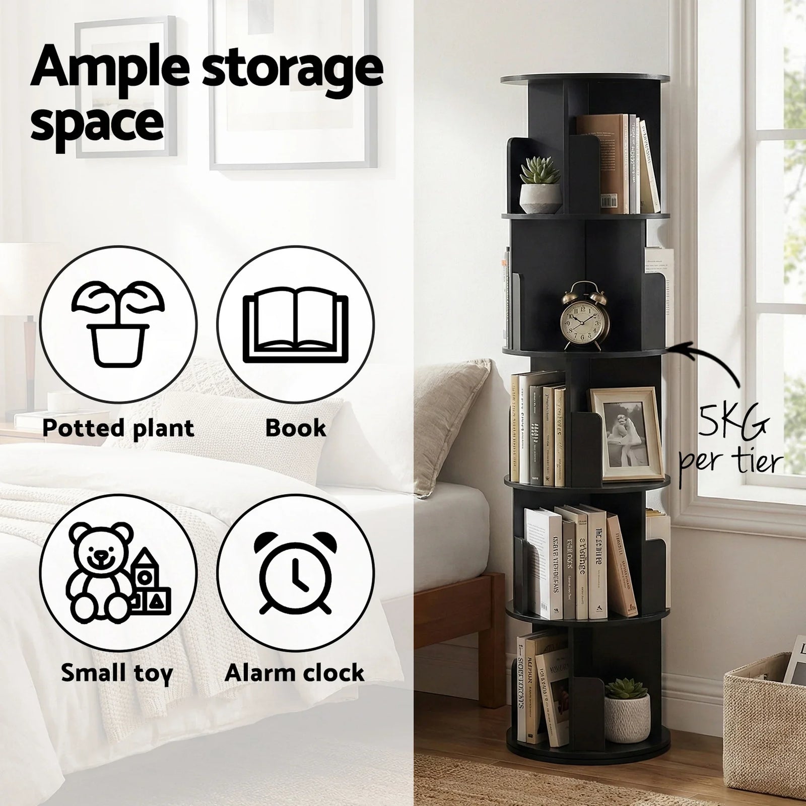 5 Tiers Bookshelf Swivel Bookcase Display Shelves Stand Round Black