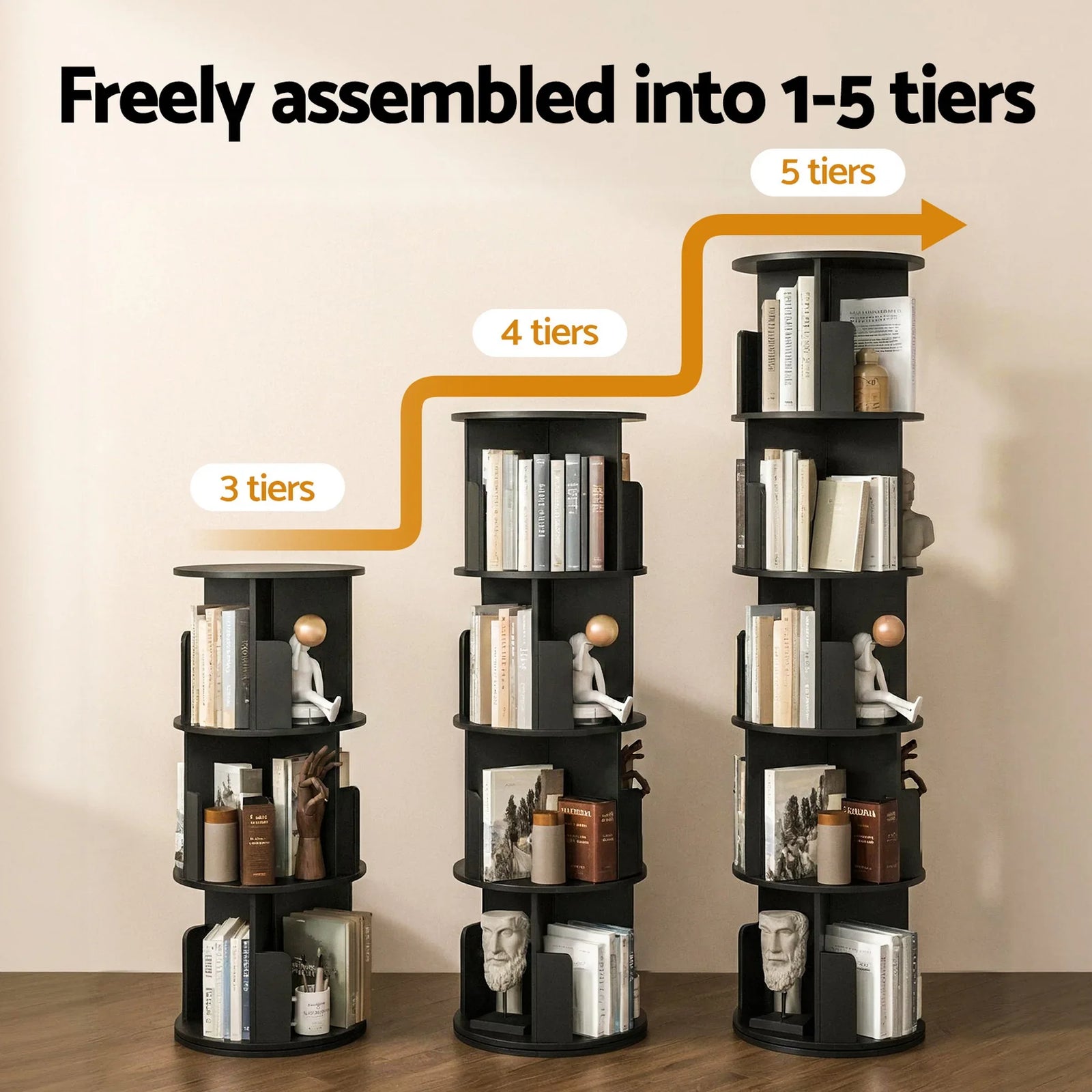 5 Tiers Bookshelf Swivel Bookcase Display Shelves Stand Round Black