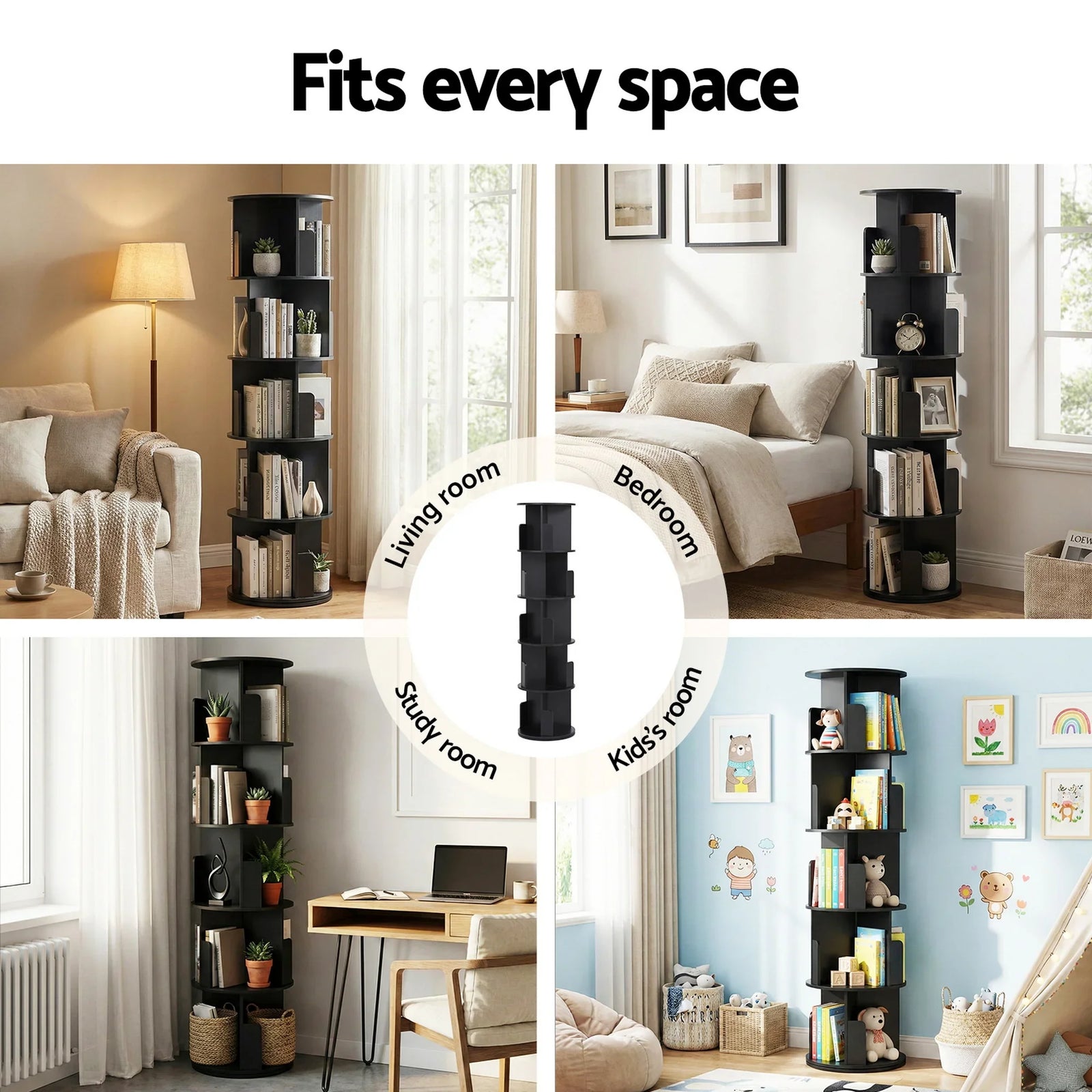 5 Tiers Bookshelf Swivel Bookcase Display Shelves Stand Round Black