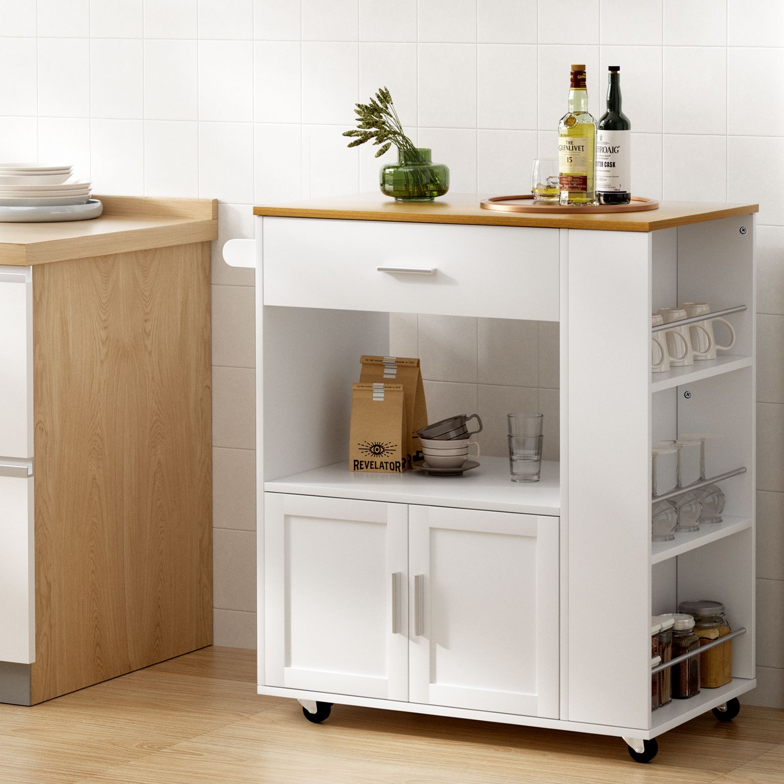 Kitchen Island Trolley Rolling Cart with Storage White & Pine