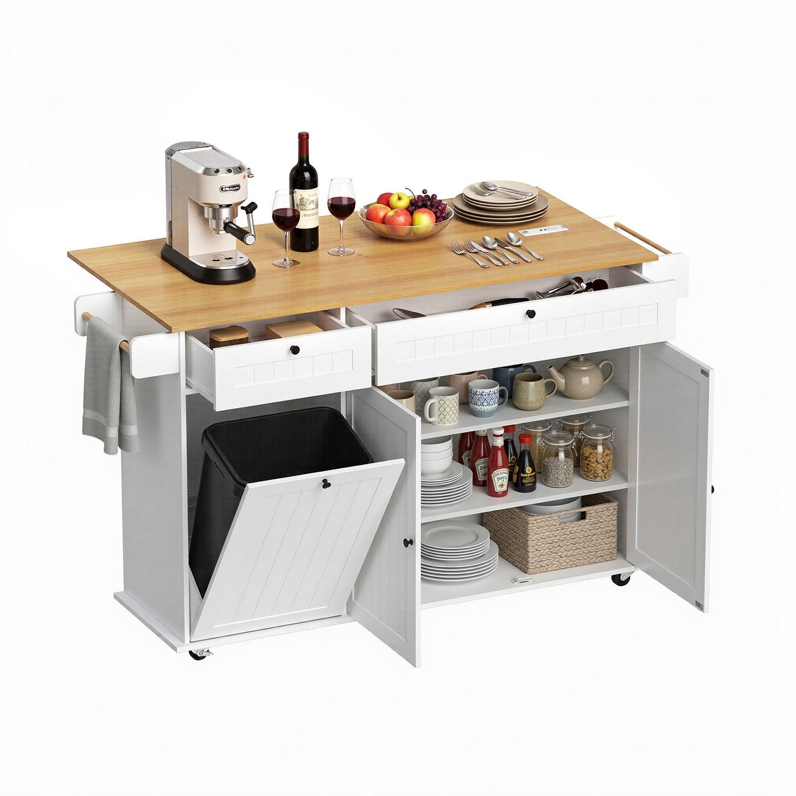 Mobile Kitchen Island – Drop Leaf, Power Outlets, Storage Cabinets, 150×70×90cm