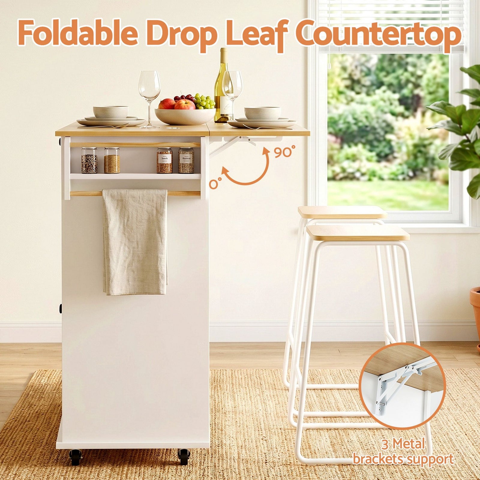 Mobile Kitchen Island – Drop Leaf, Power Outlets, Storage Cabinets, 150×70×90cm
