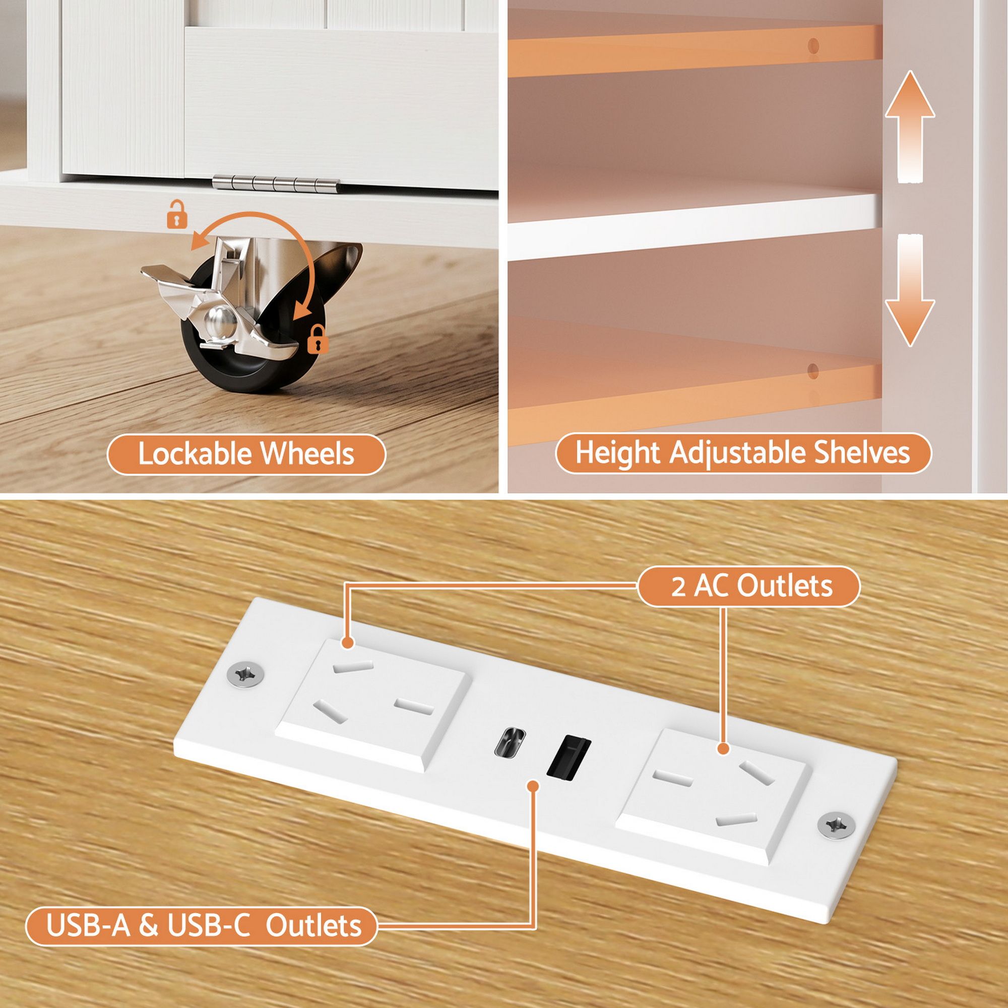 Mobile Kitchen Island – Drop Leaf, Power Outlets, Storage Cabinets, 150×70×90cm