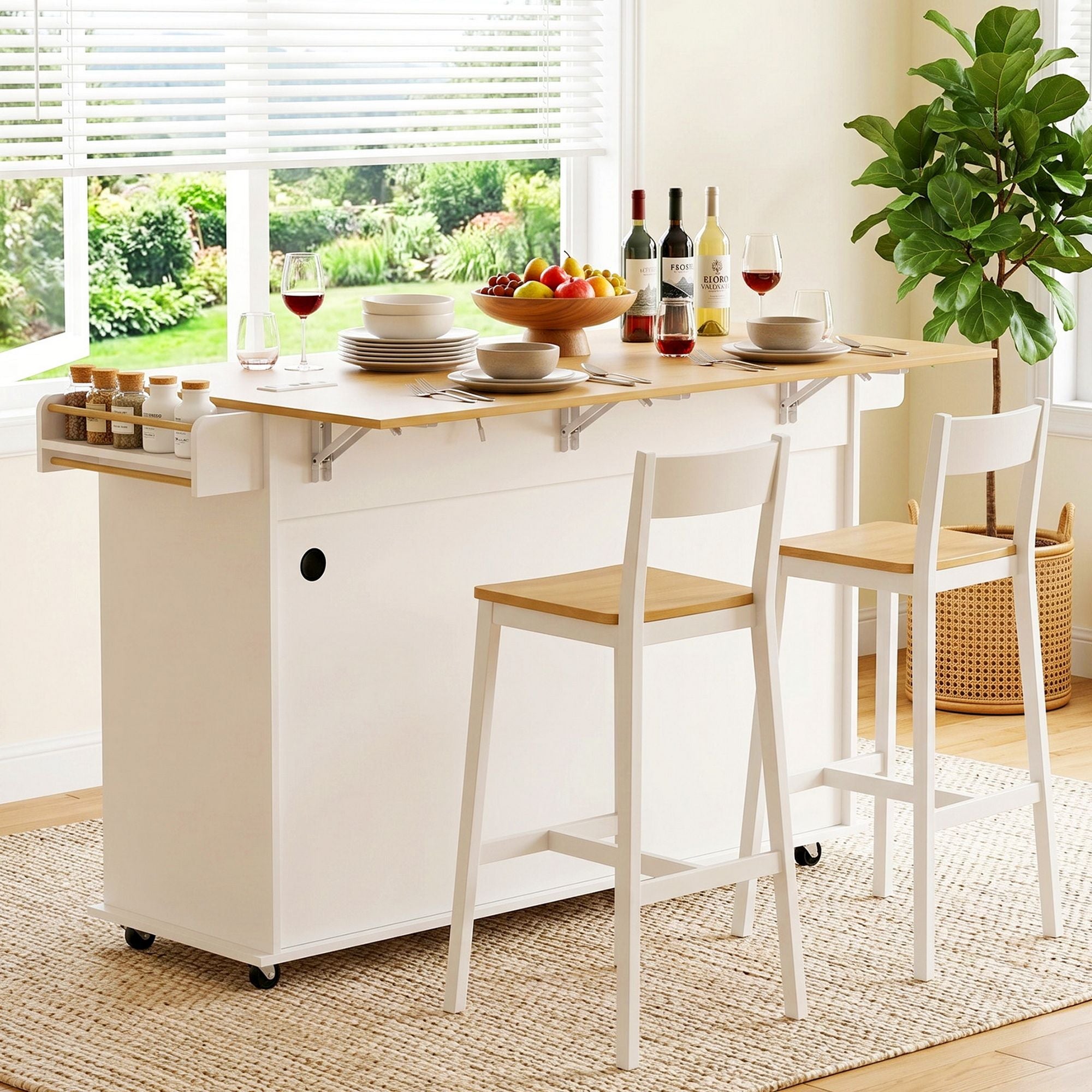 Mobile Kitchen Island – Drop Leaf, Power Outlets, Storage Cabinets, 150×70×90cm