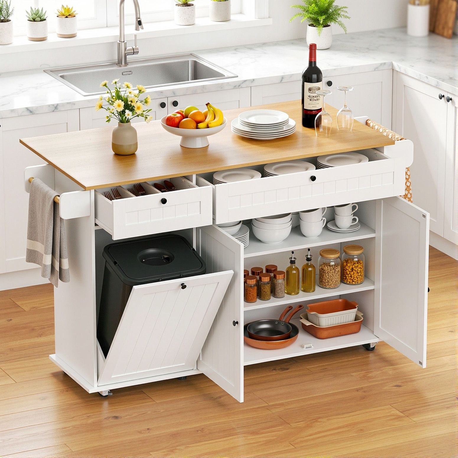 Mobile Kitchen Island – Drop Leaf, Power Outlets, Storage Cabinets, 150×70×90cm