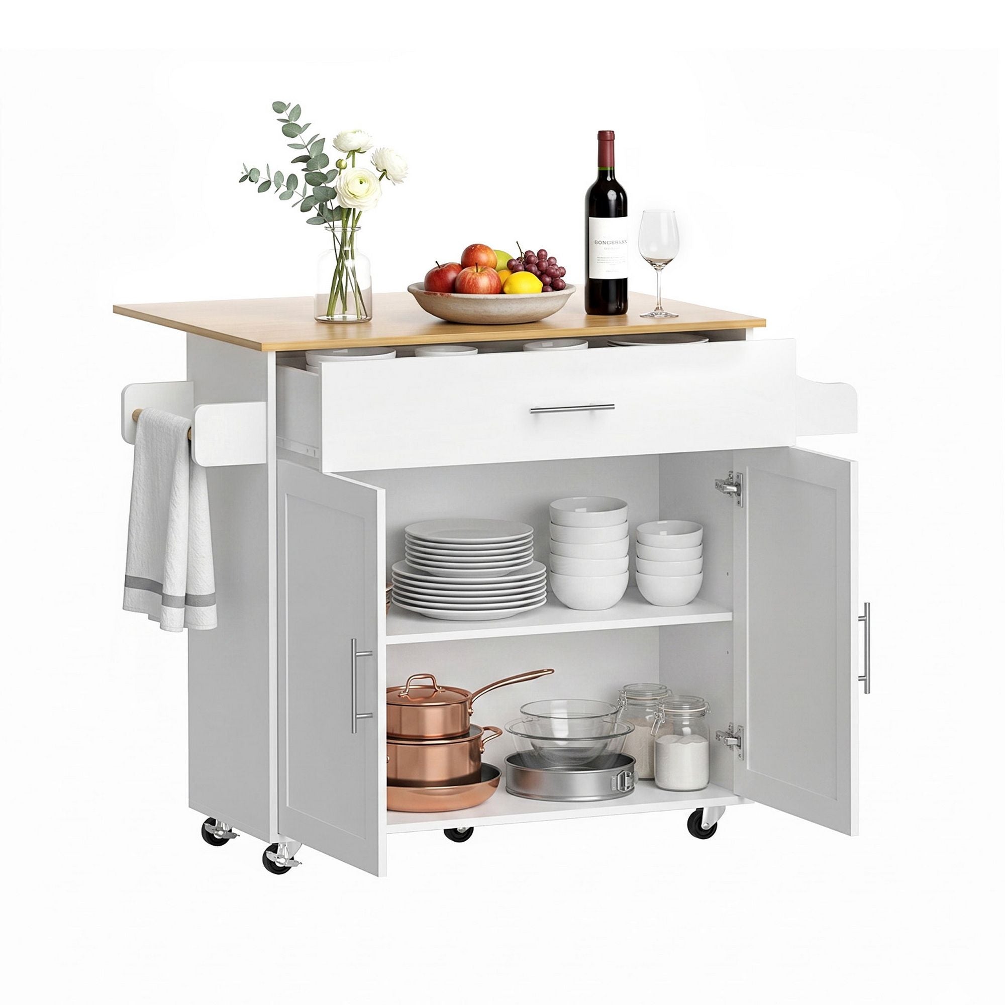 Mobile Kitchen Island – Drop Leaf, Storage Cabinet, 90×68×90cm, White/Oak