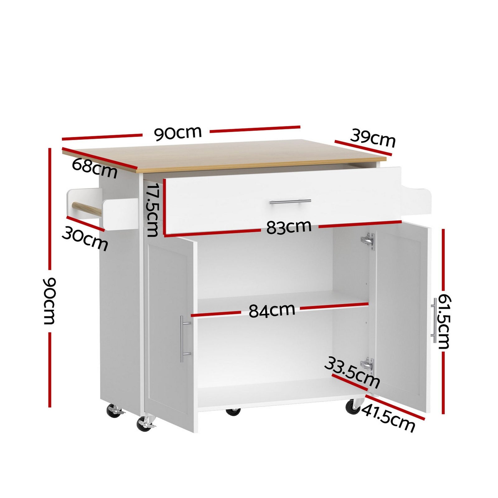 Mobile Kitchen Island – Drop Leaf, Storage Cabinet, 90×68×90cm, White/Oak