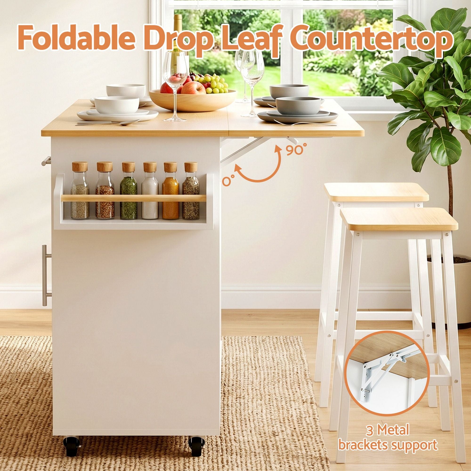 Mobile Kitchen Island – Drop Leaf, Storage Cabinet, 90×68×90cm, White/Oak