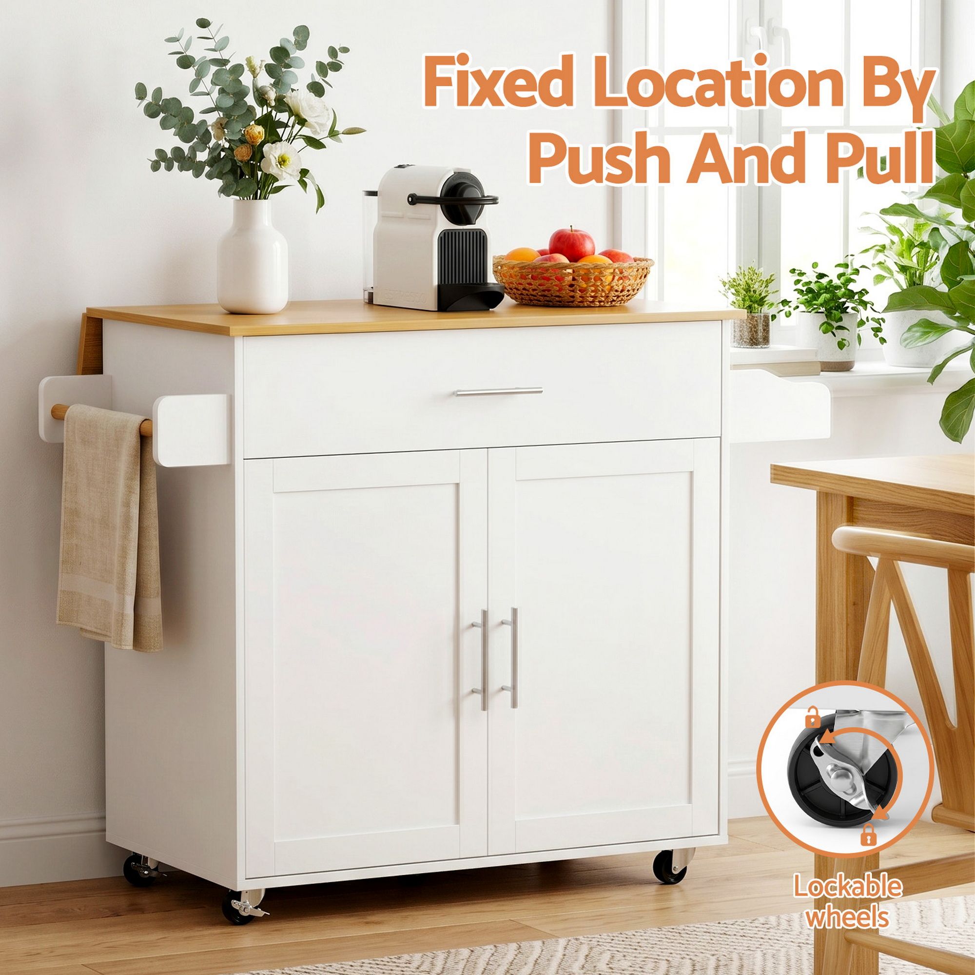 Mobile Kitchen Island – Drop Leaf, Storage Cabinet, 90×68×90cm, White/Oak