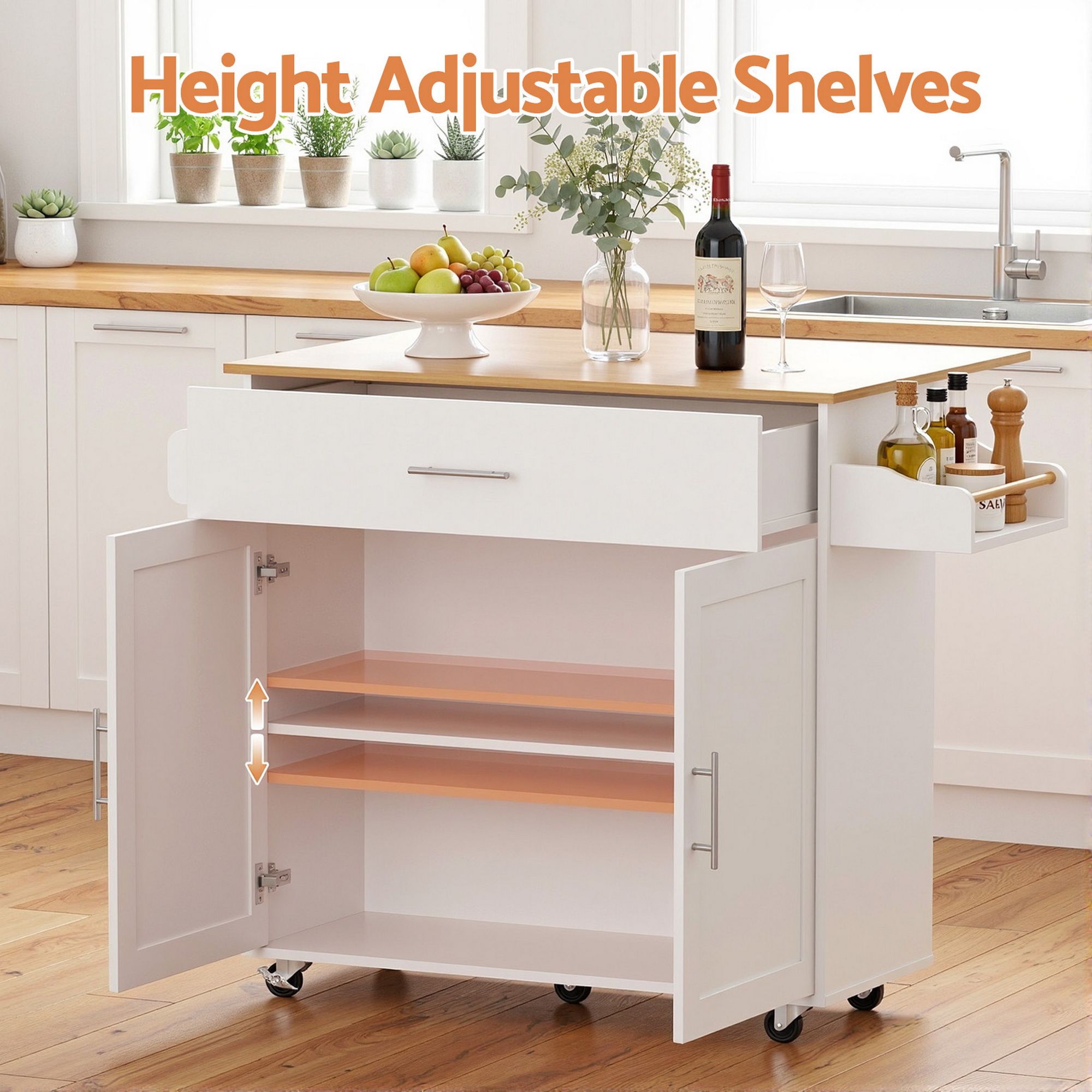 Mobile Kitchen Island – Drop Leaf, Storage Cabinet, 90×68×90cm, White/Oak