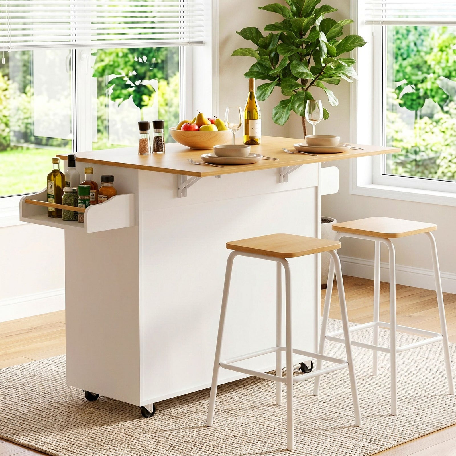 Mobile Kitchen Island – Drop Leaf, Storage Cabinet, 90×68×90cm, White/Oak
