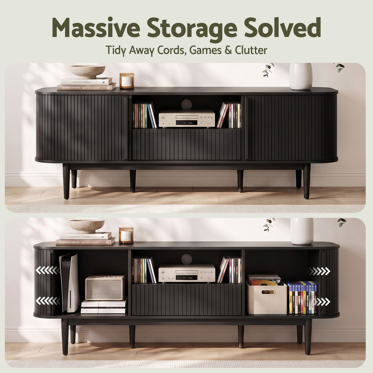 Artiss 160cm TV Unit Storage Drawer Curved Edge Sliding Fluted Style Door Black