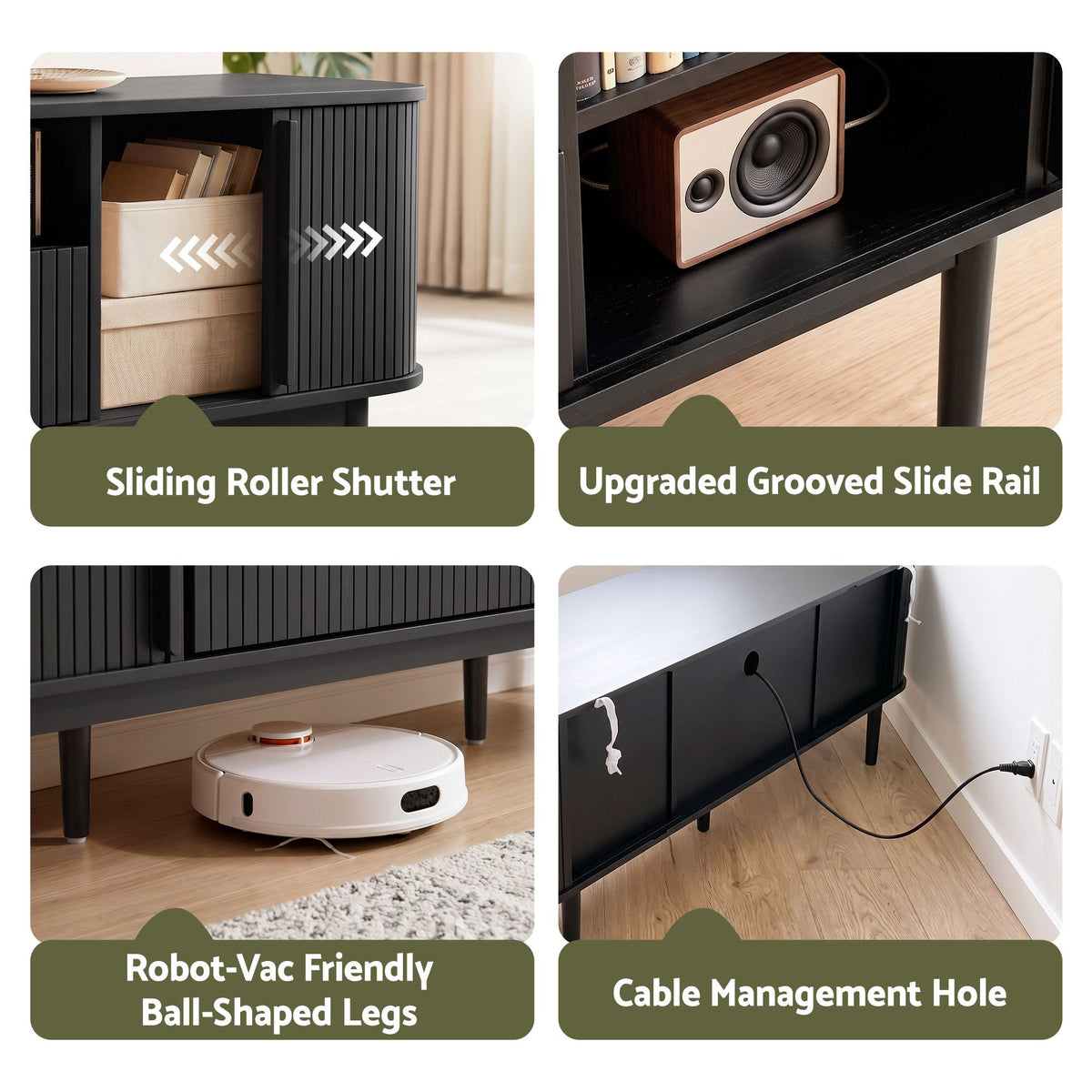 Artiss 160cm TV Unit Storage Drawer Curved Edge Sliding Fluted Style Door Black