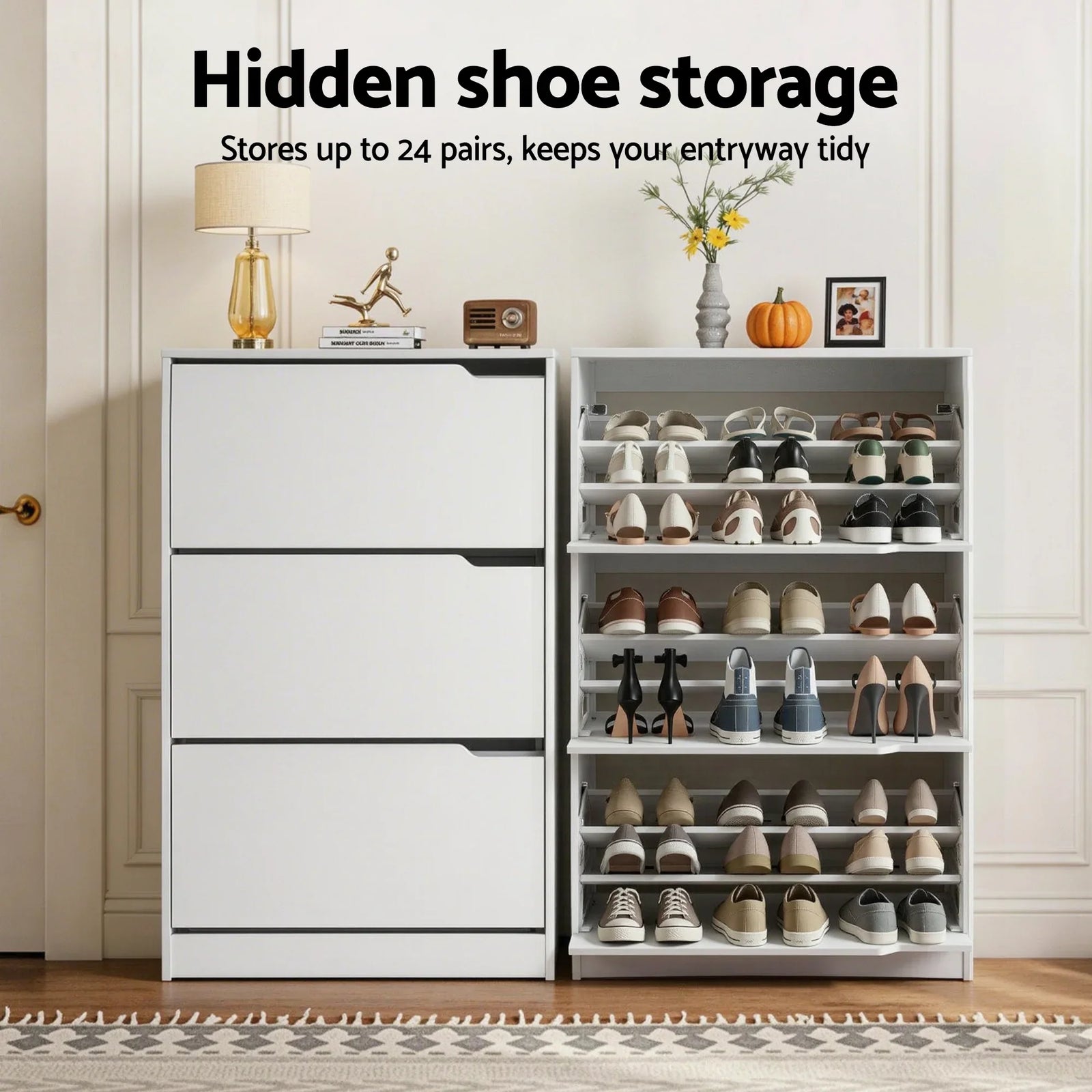 Shoe Rack Cabinet 24 Pairs Adjustable Shelf White